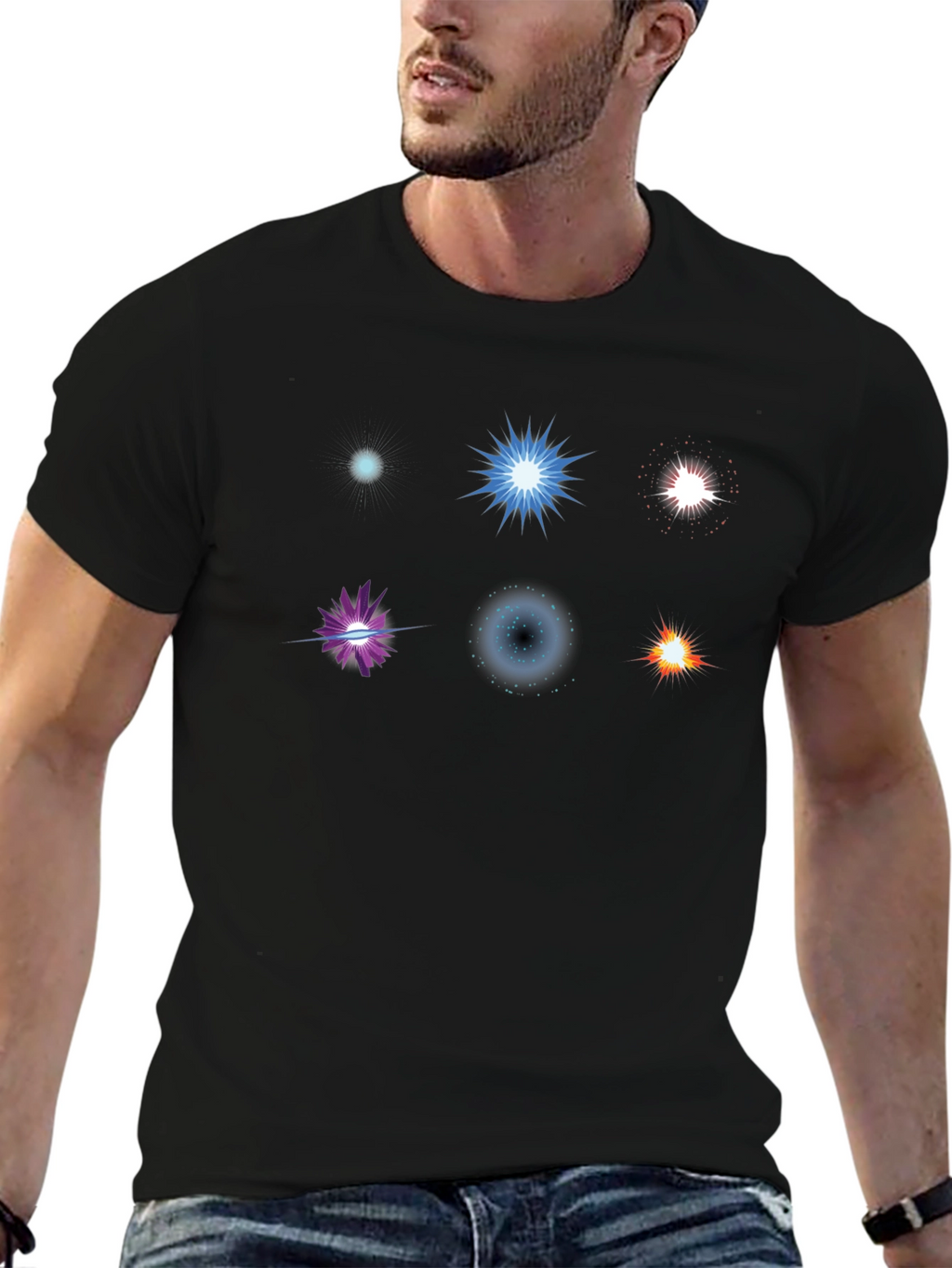 Mens Black T-Shirt with Starburst Designs