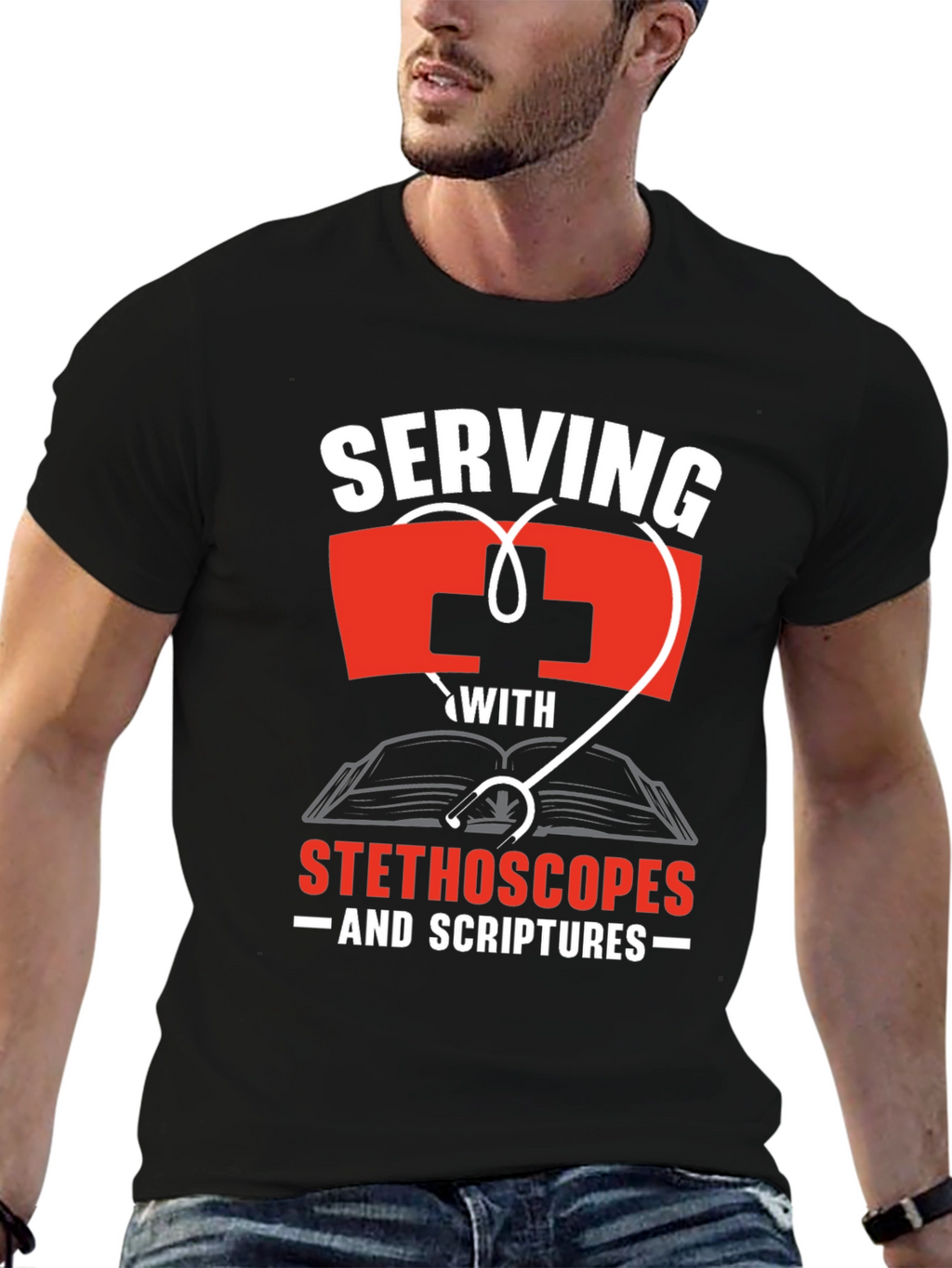 Serving With Stethoscopes and Scriptures T-Shirt