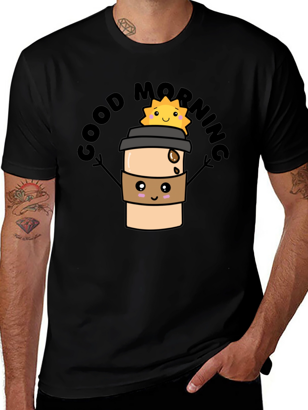 Good Morning Coffee Cartoon Black Tee