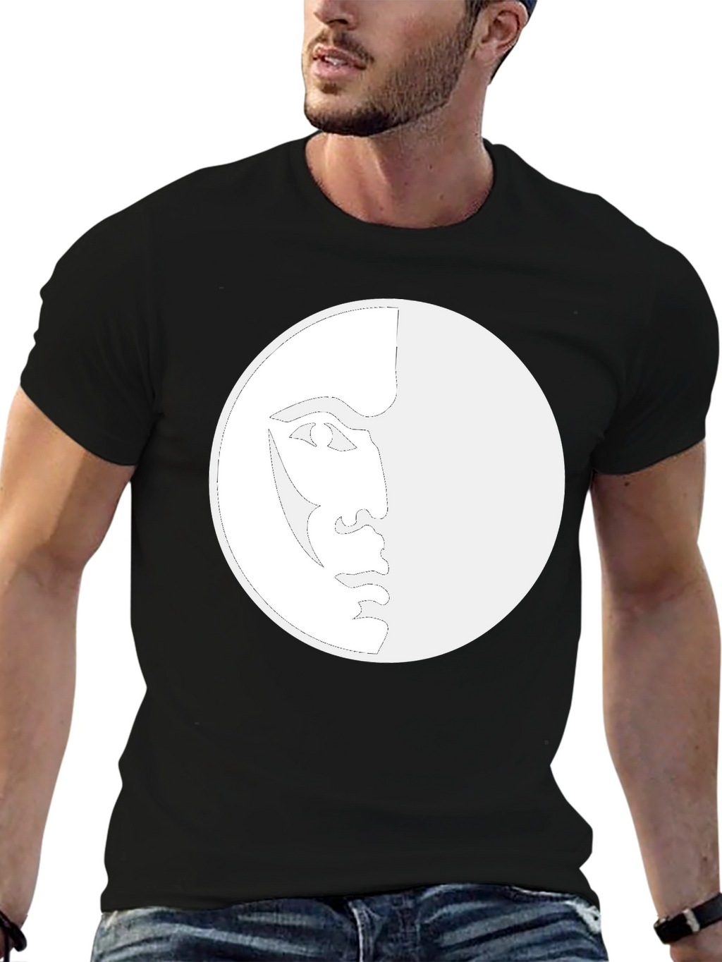 Unique Moon Face Graphic Black T-Shirt