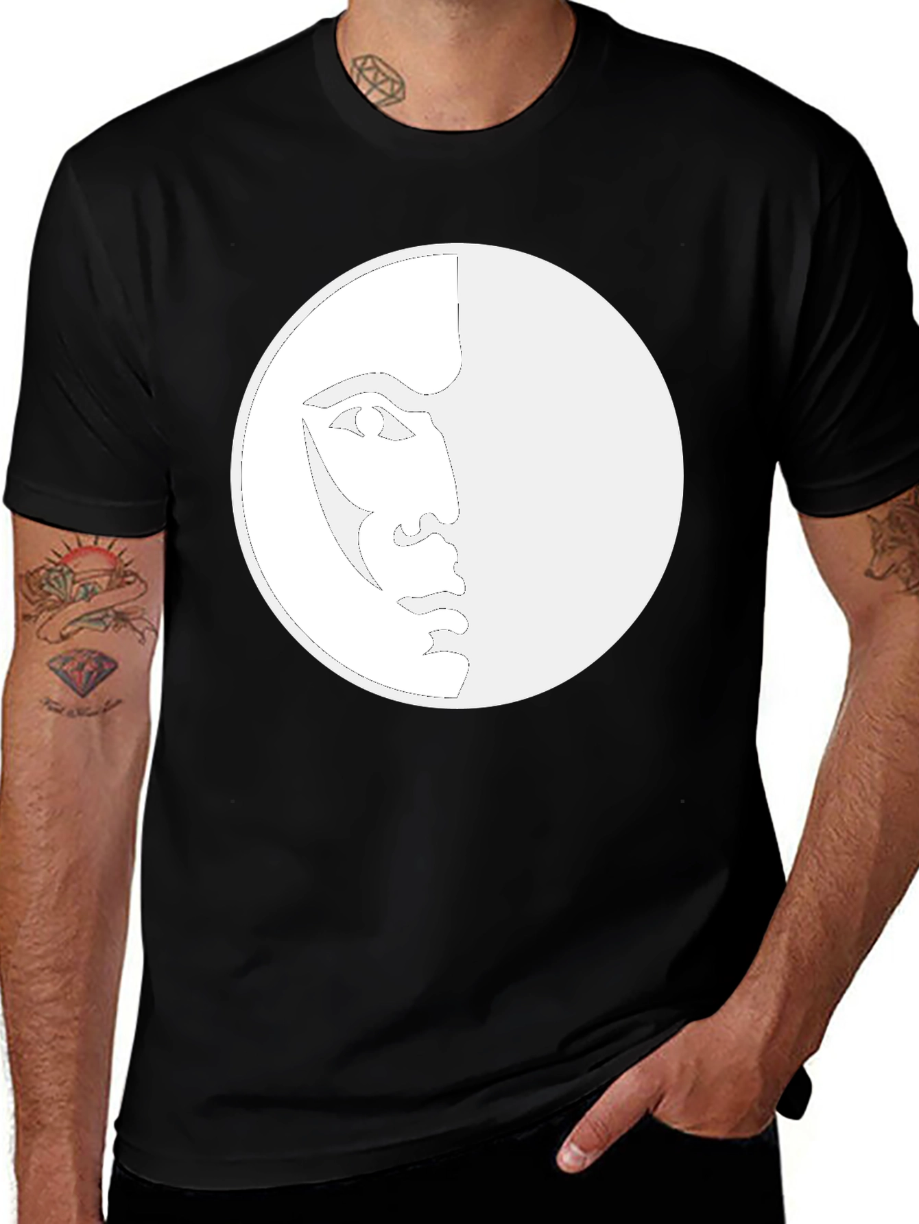 Unique Moon Face Graphic Black T-Shirt