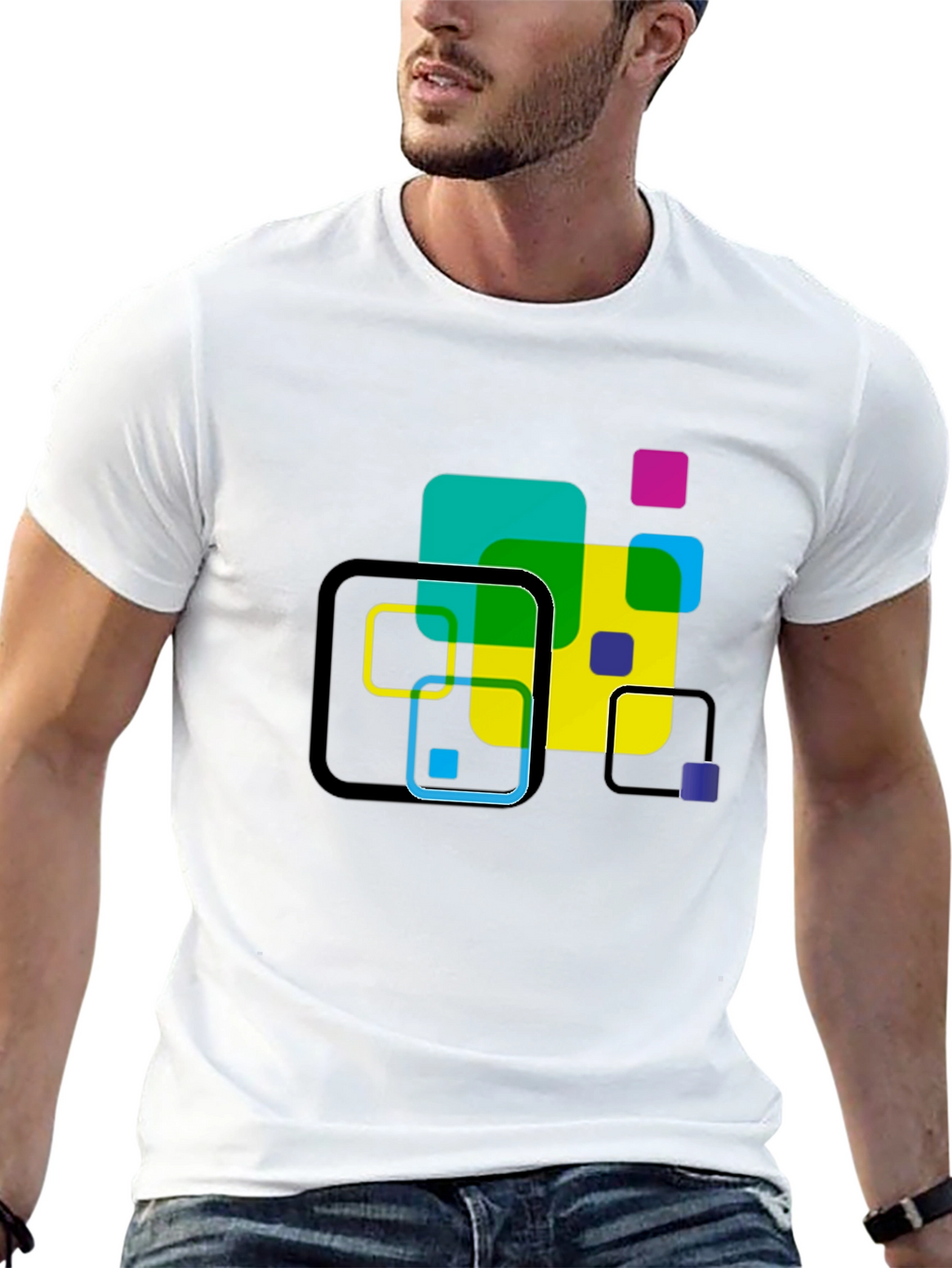Geometric Squares Graphic T-Shirt - Black