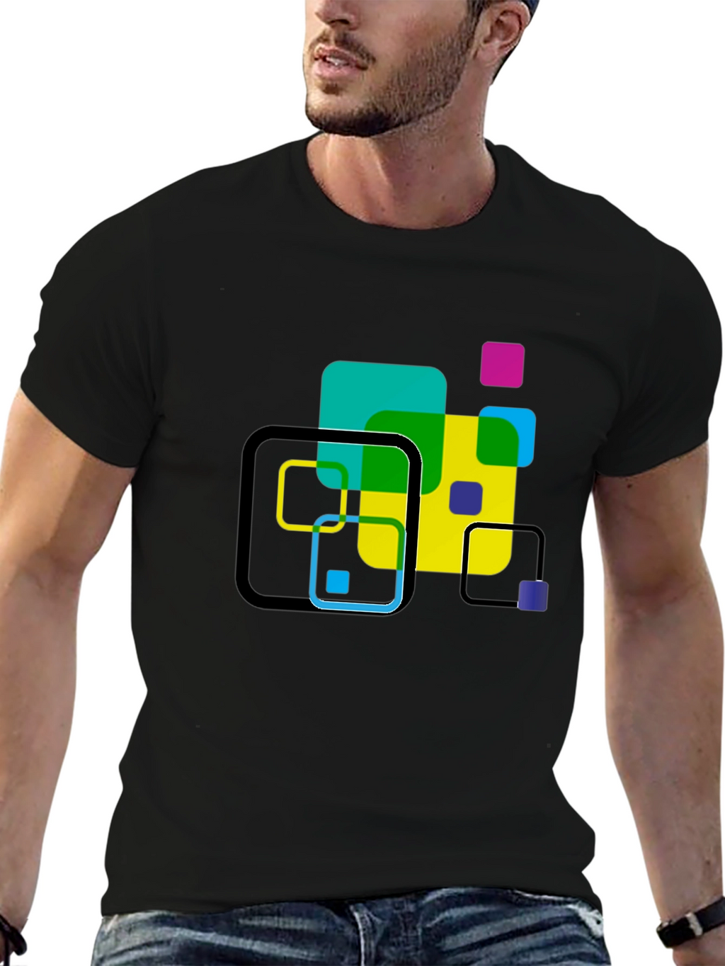Geometric Squares Graphic T-Shirt - Black