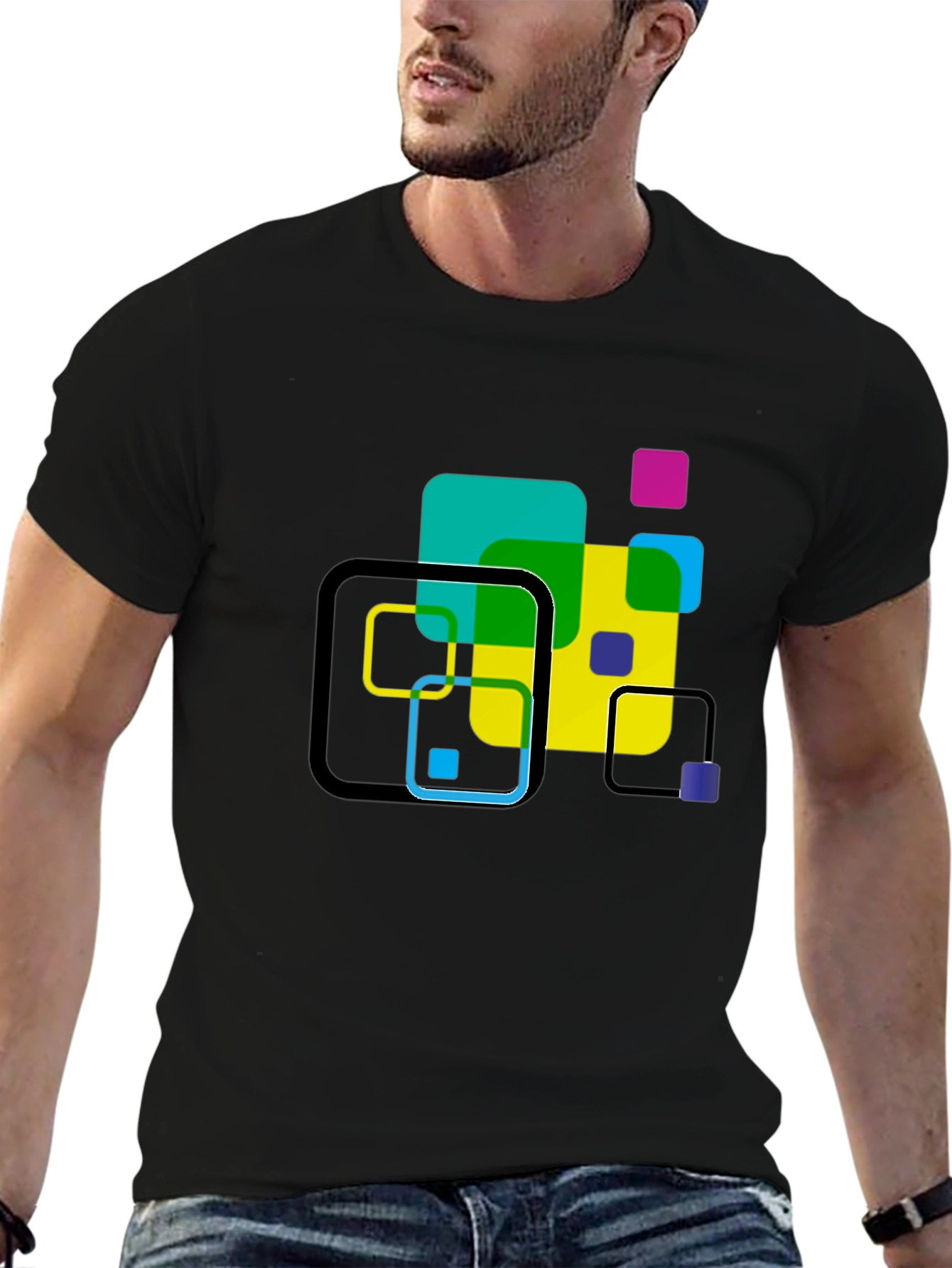 Geometric Squares Graphic T-Shirt - Black