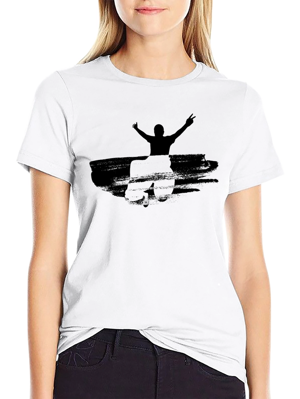 Black Graphic Tee: Man with Raised Arms Design