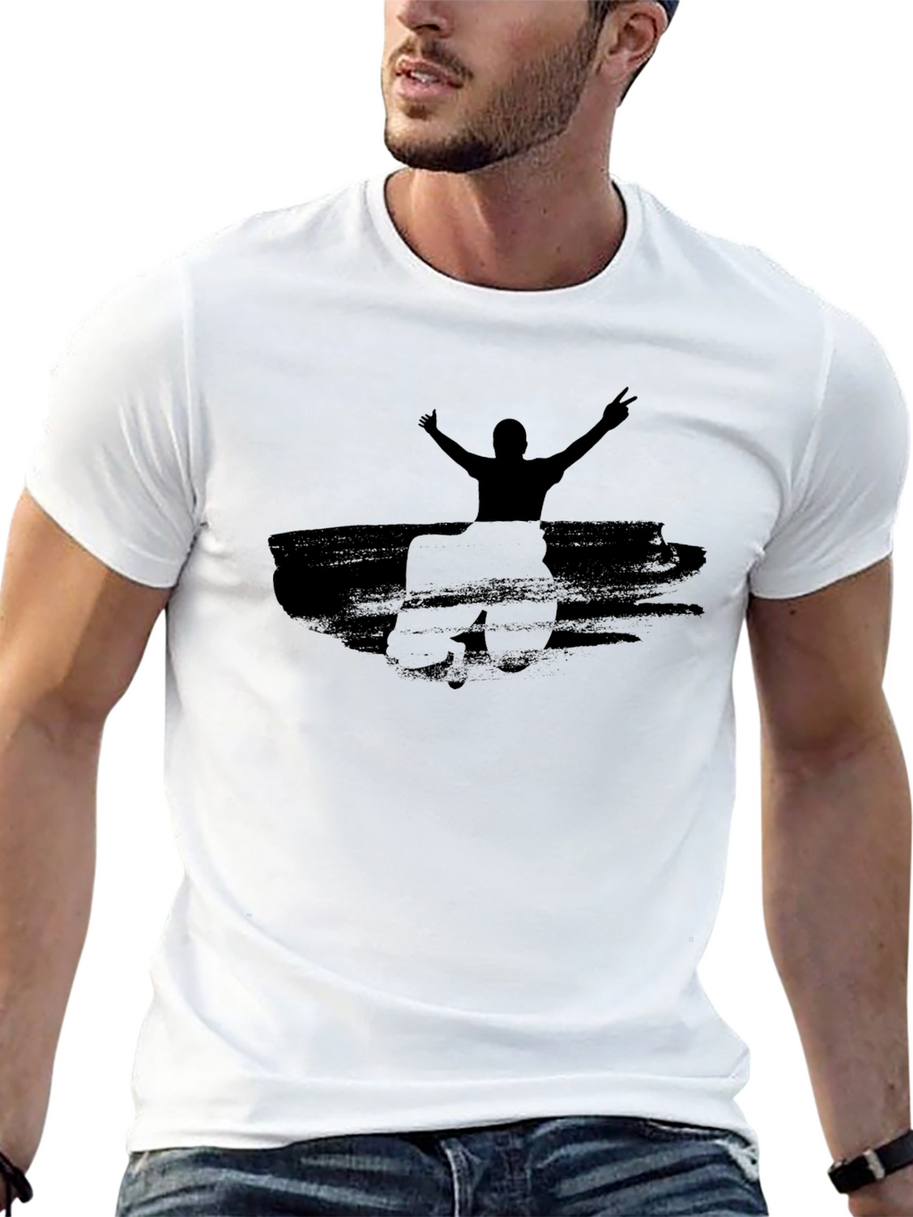 Black Graphic Tee: Man with Raised Arms Design