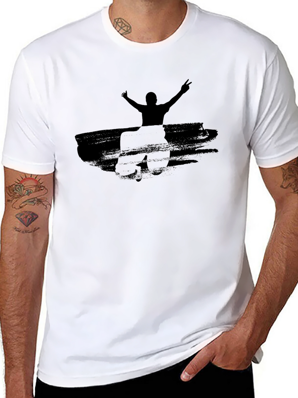 Black Graphic Tee: Man with Raised Arms Design
