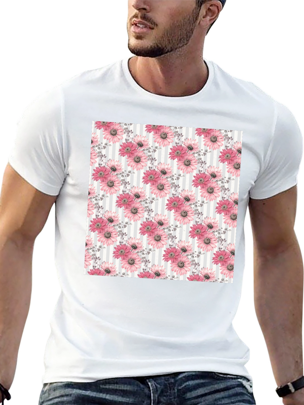 Floral Pattern Mens Black Tee