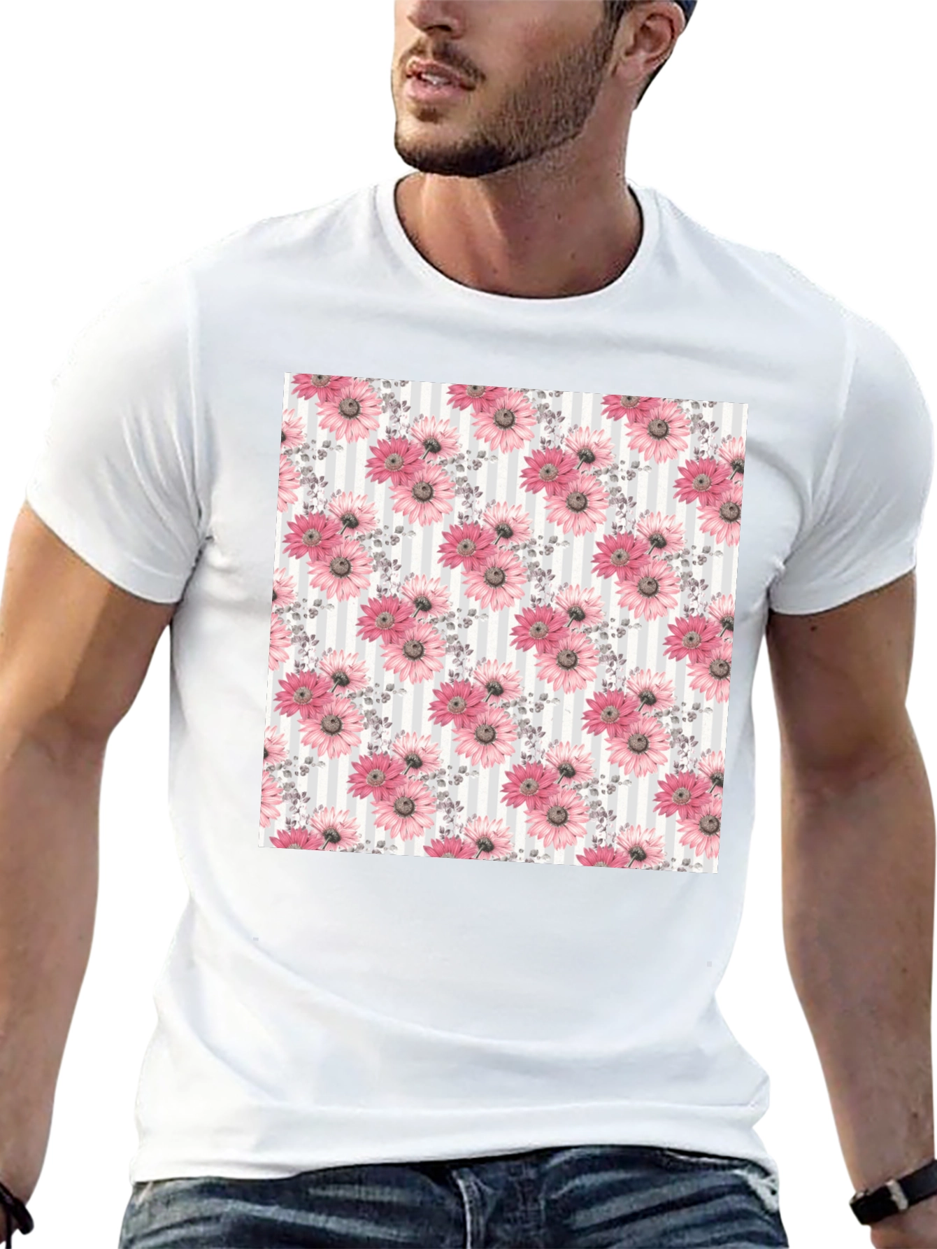 Floral Pattern Mens Black Tee