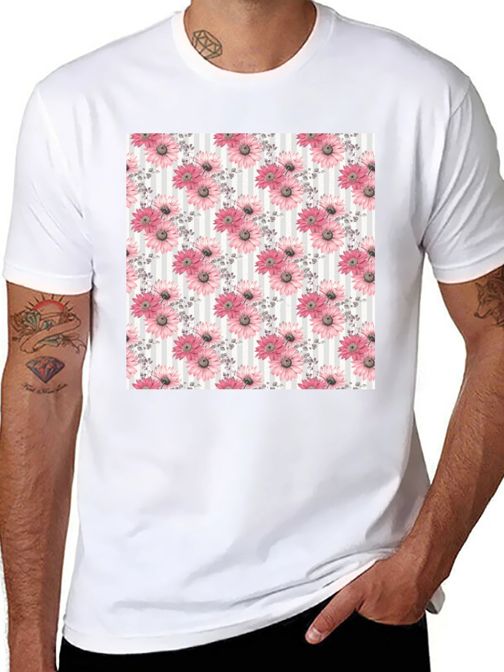 Floral Pattern Mens Black Tee
