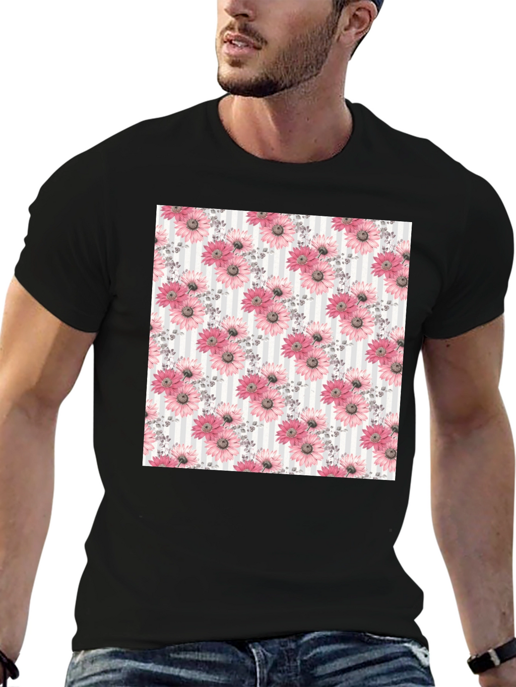 Floral Pattern Mens Black Tee