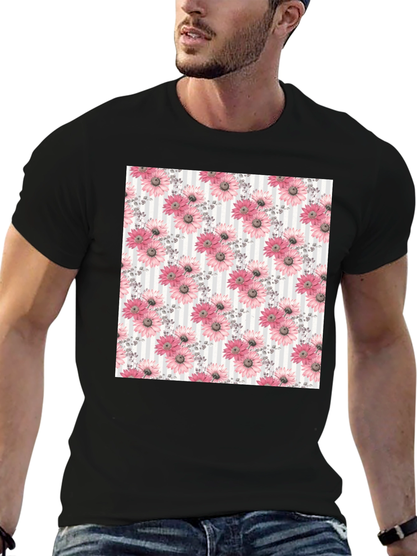 Floral Pattern Mens Black Tee