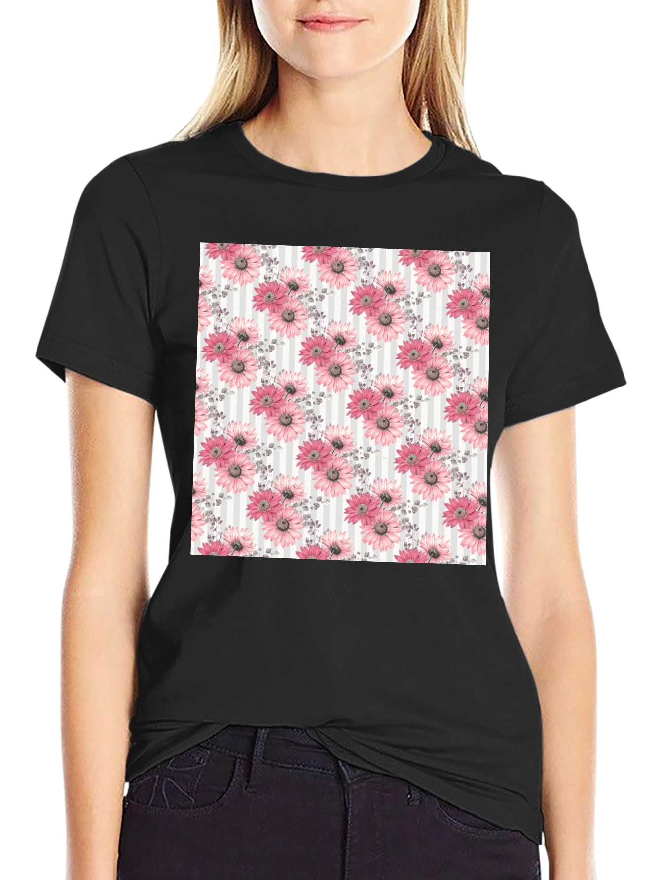 Floral Pattern Mens Black Tee