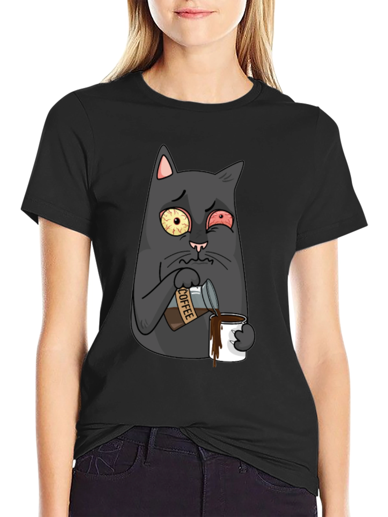 Coffee Cat T-Shirt - Funny Cartoon Graphic Tee