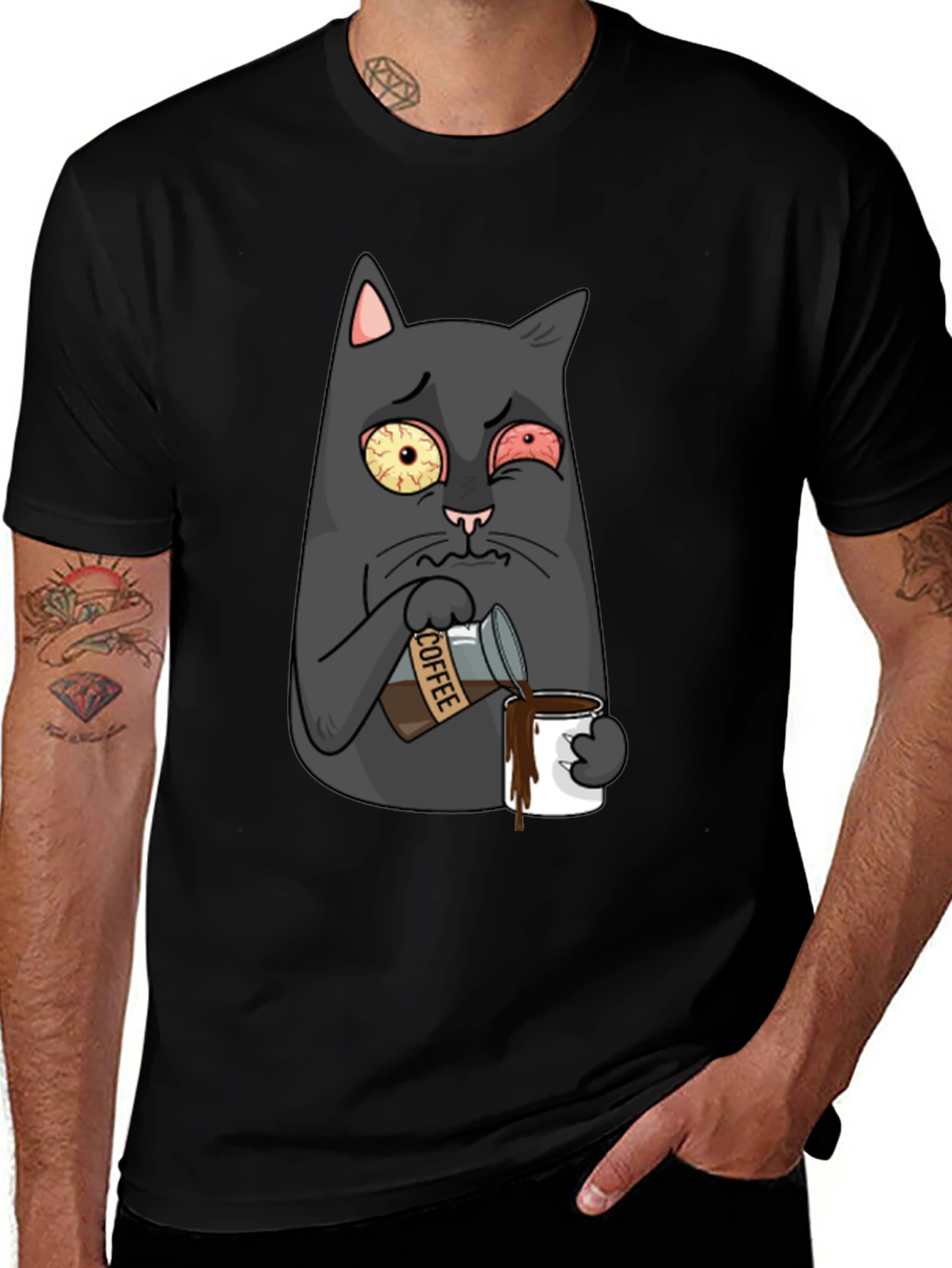 Coffee Cat T-Shirt - Funny Cartoon Graphic Tee