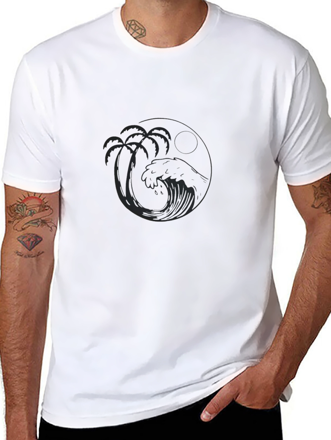 Black T-Shirt with Tropical Wave Design