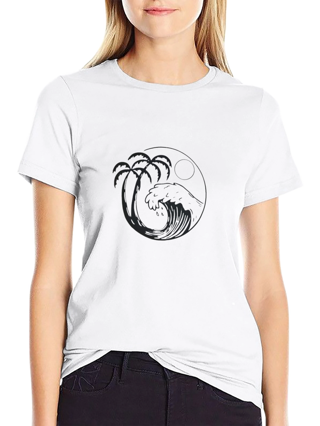 Black T-Shirt with Tropical Wave Design