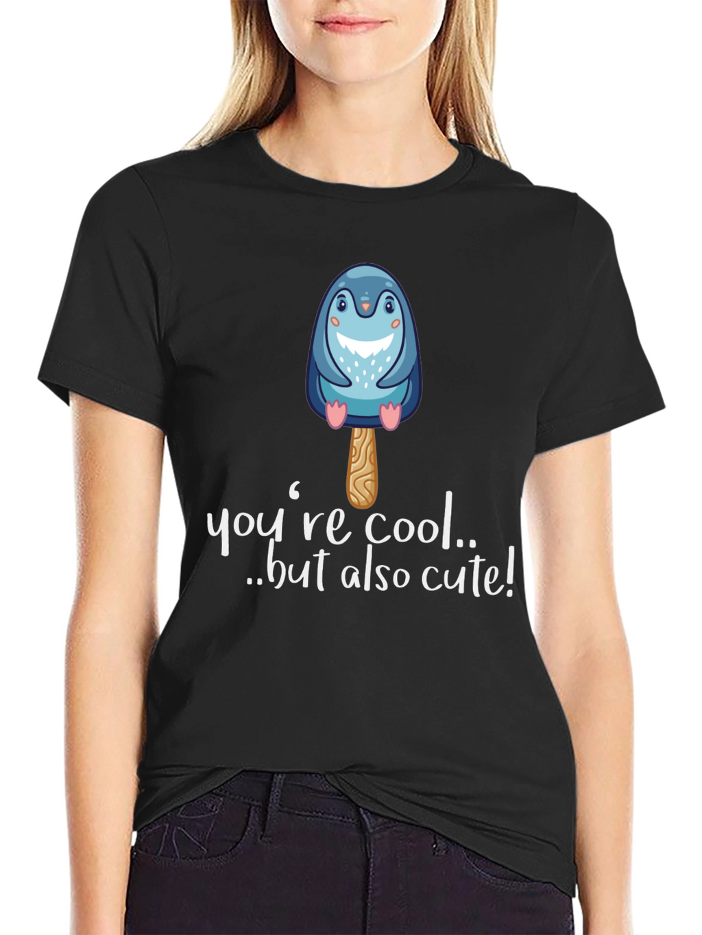 Cute Penguin Popsicle Graphic Black T-Shirt