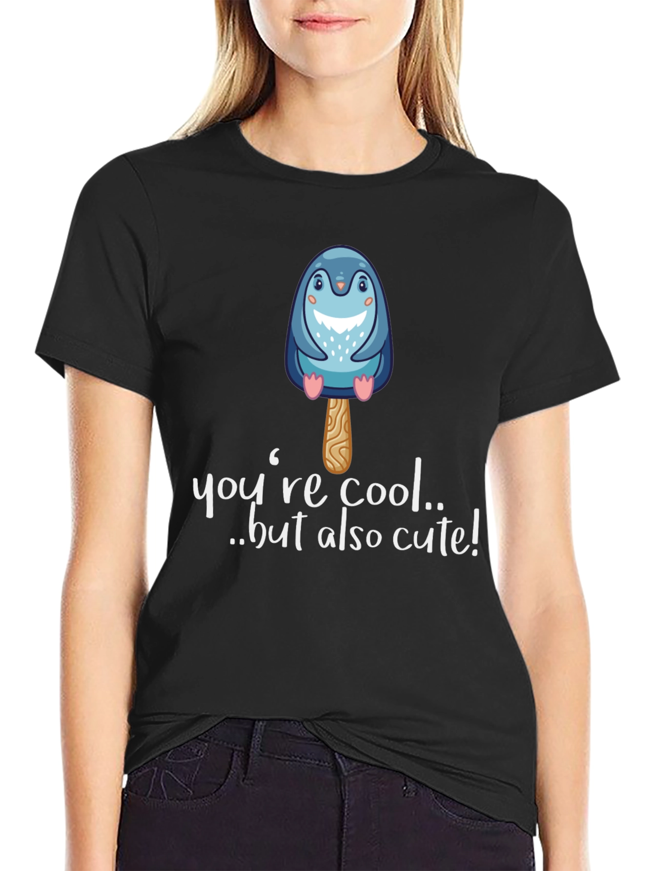 Cute Penguin Popsicle Graphic Black T-Shirt