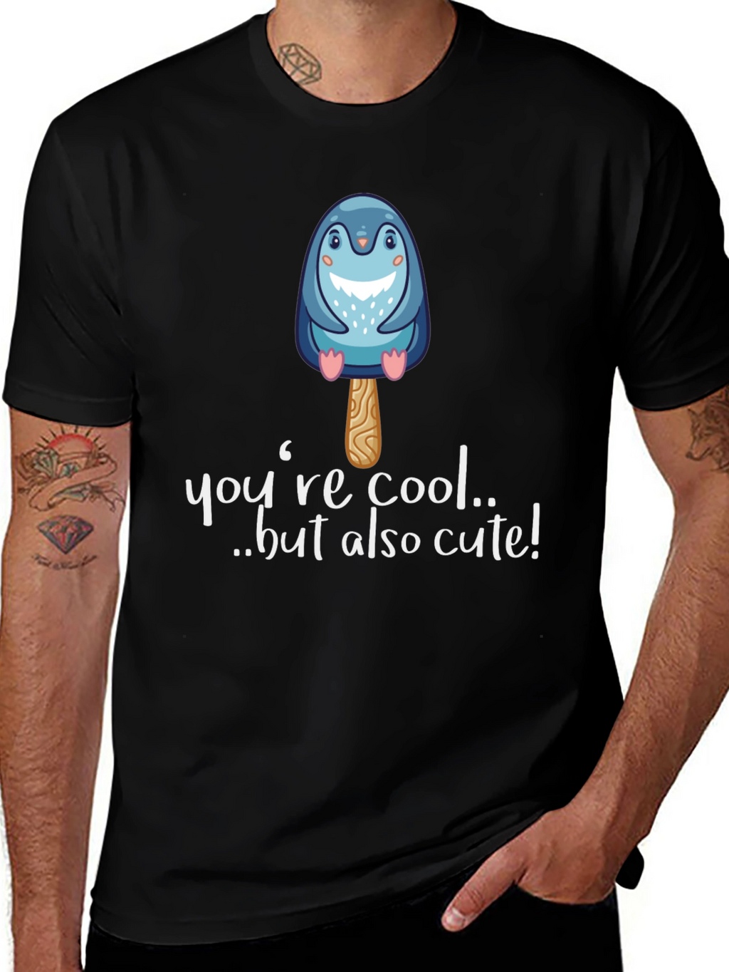 Cute Penguin Popsicle Graphic Black T-Shirt