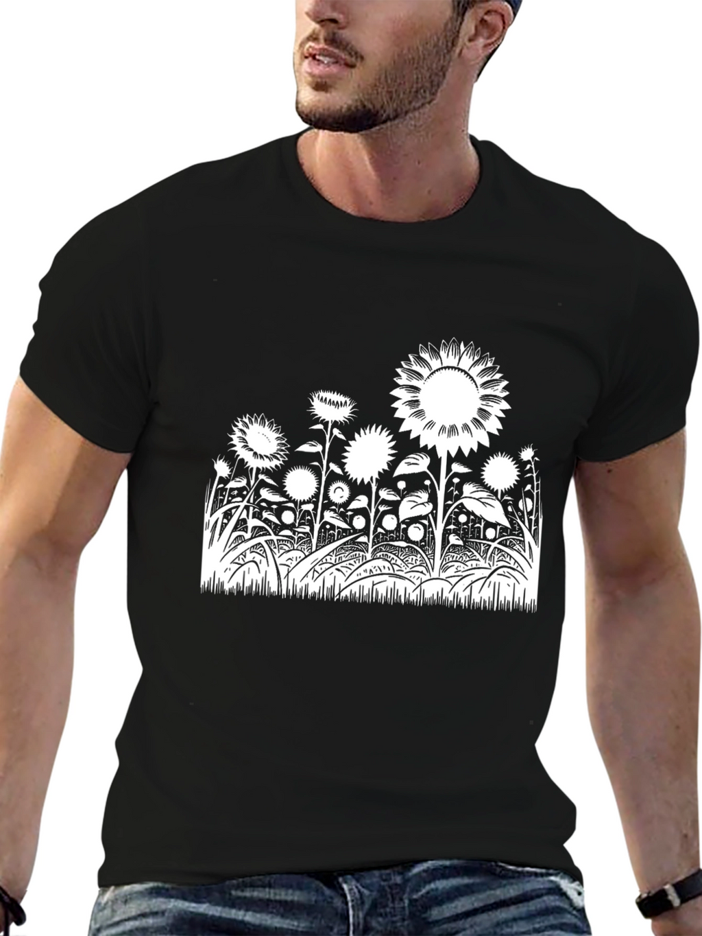 Sunflower Field Graphic Tee - Black Cotton