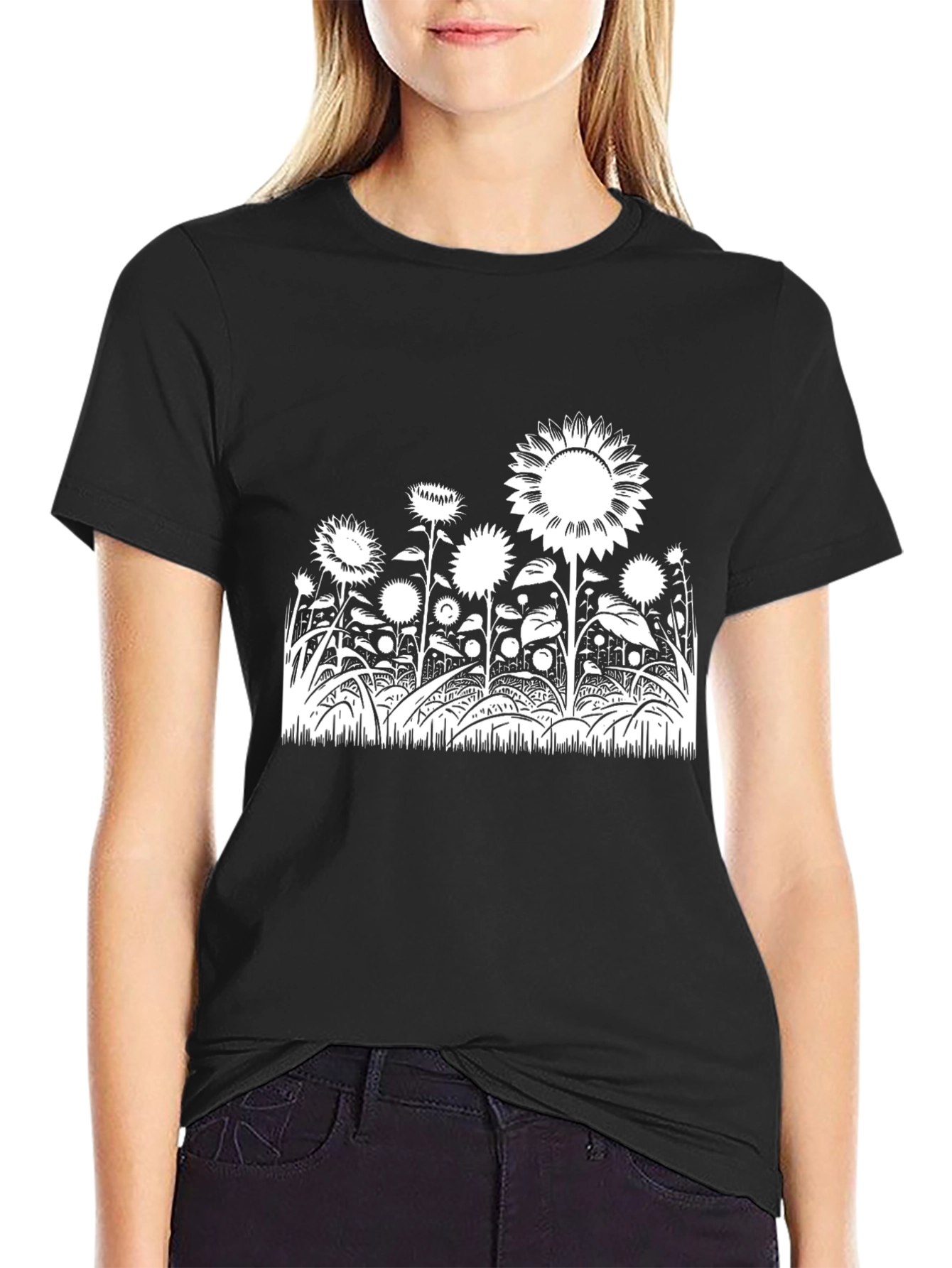 Sunflower Field Graphic Tee - Black Cotton