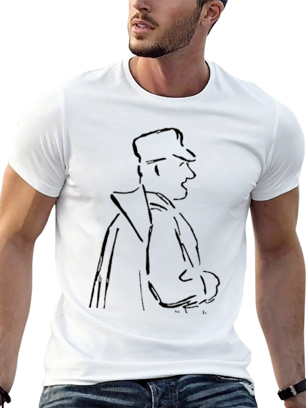 Mens Black T-Shirt with Sketched Figure Graphic