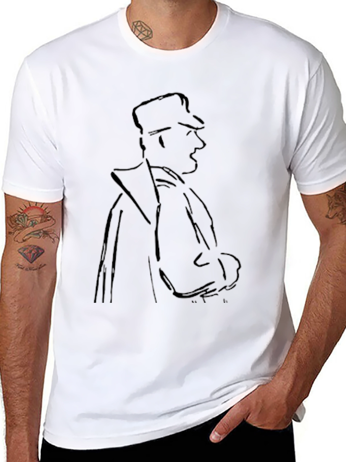 Mens Black T-Shirt with Sketched Figure Graphic