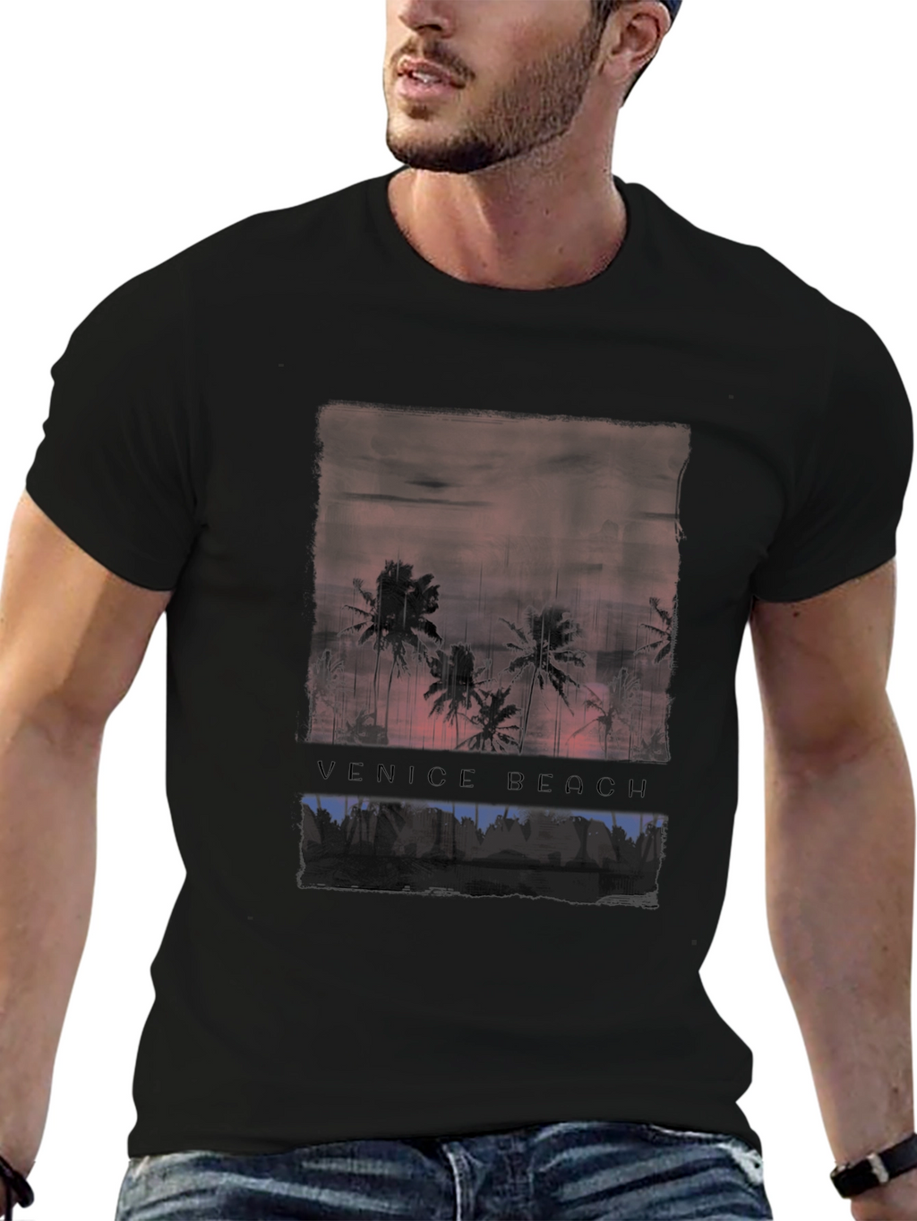 Venice Beach Sunset Graphic Tee - Black Cotton T-Shirt