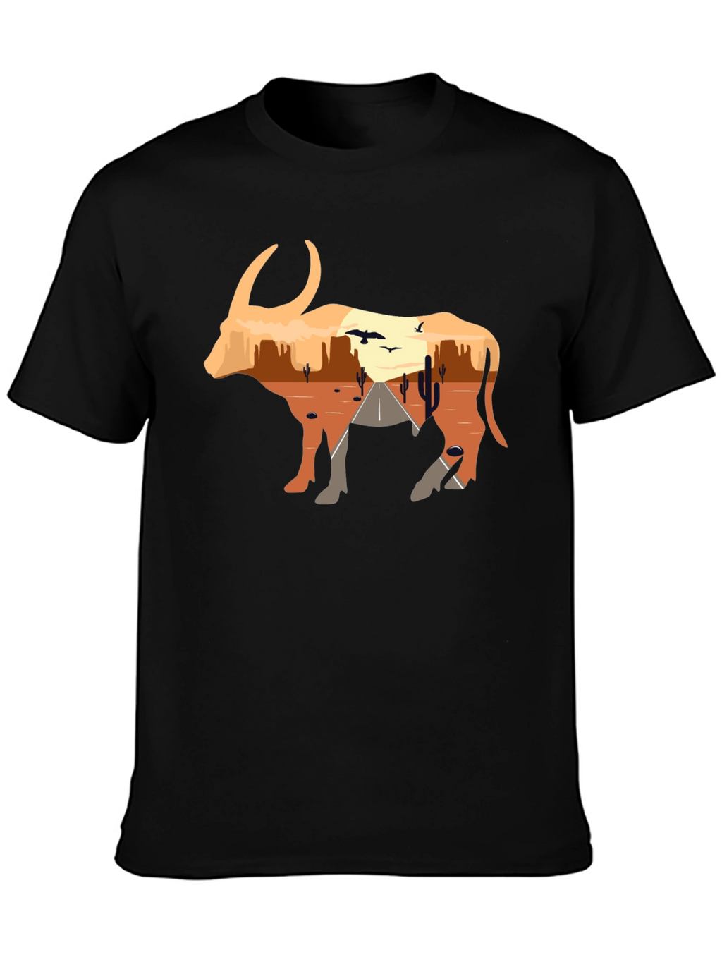 Desert Sunset Bull Graphic Tee - Black