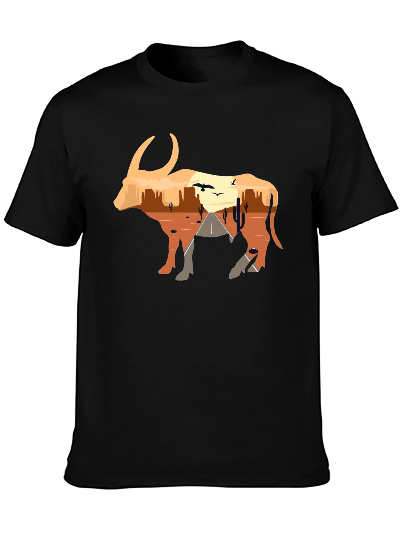 Desert Sunset Bull Graphic Tee - Black