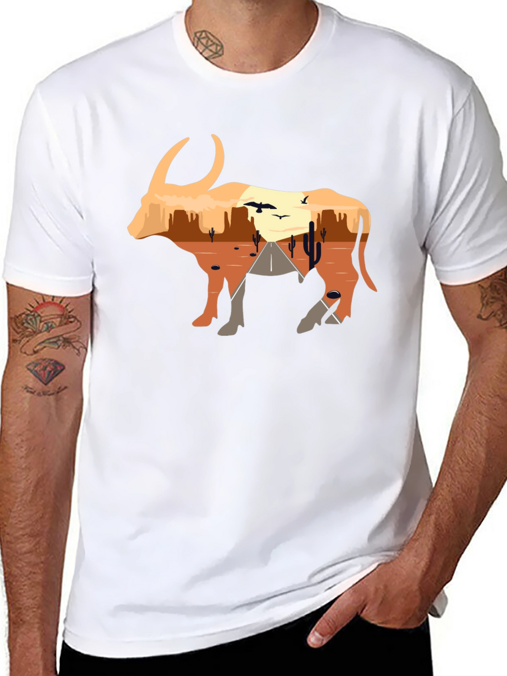 Desert Sunset Bull Graphic Tee - Black