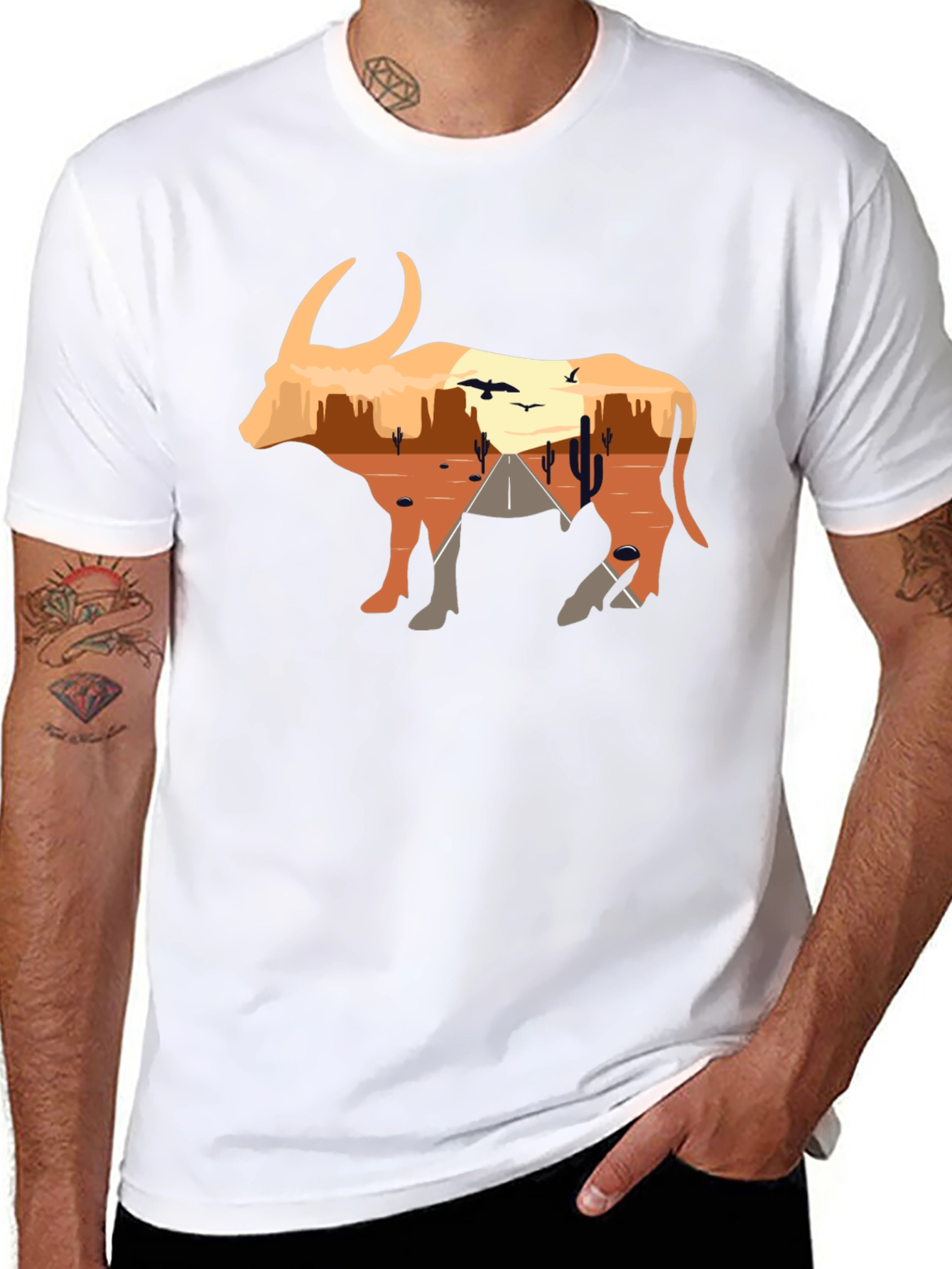 Desert Sunset Bull Graphic Tee - Black