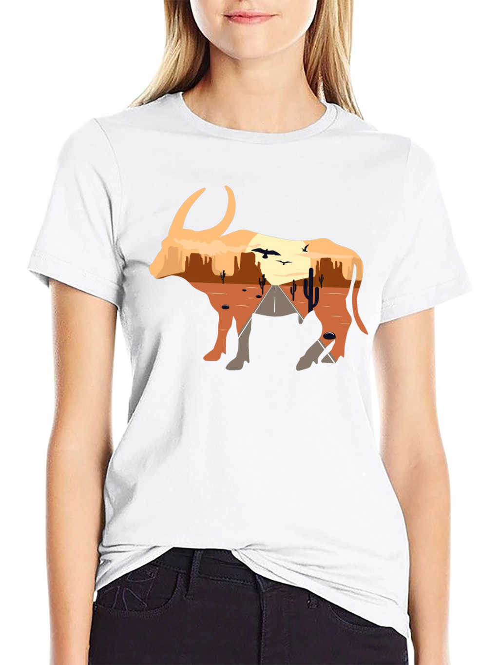 Desert Sunset Bull Graphic Tee - Black