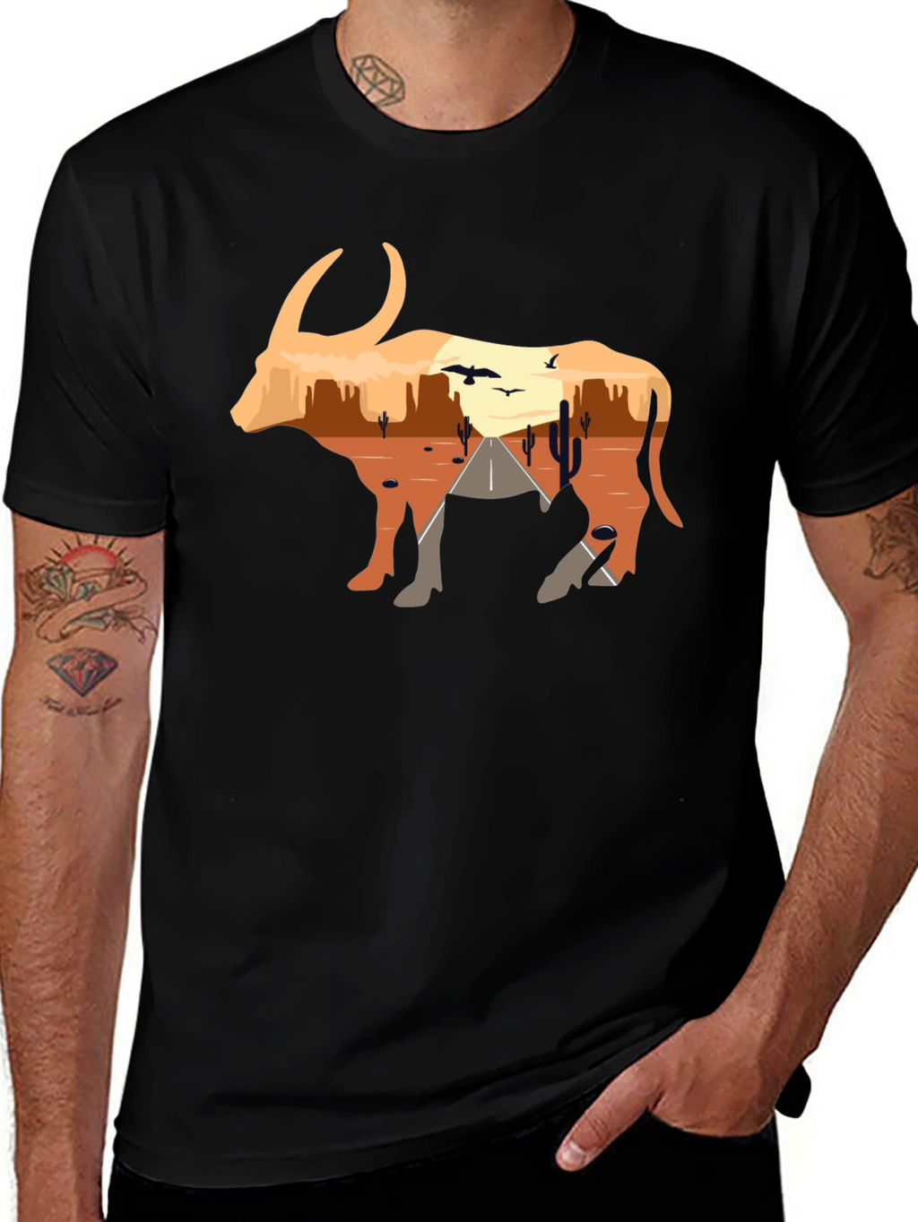 Desert Sunset Bull Graphic Tee - Black