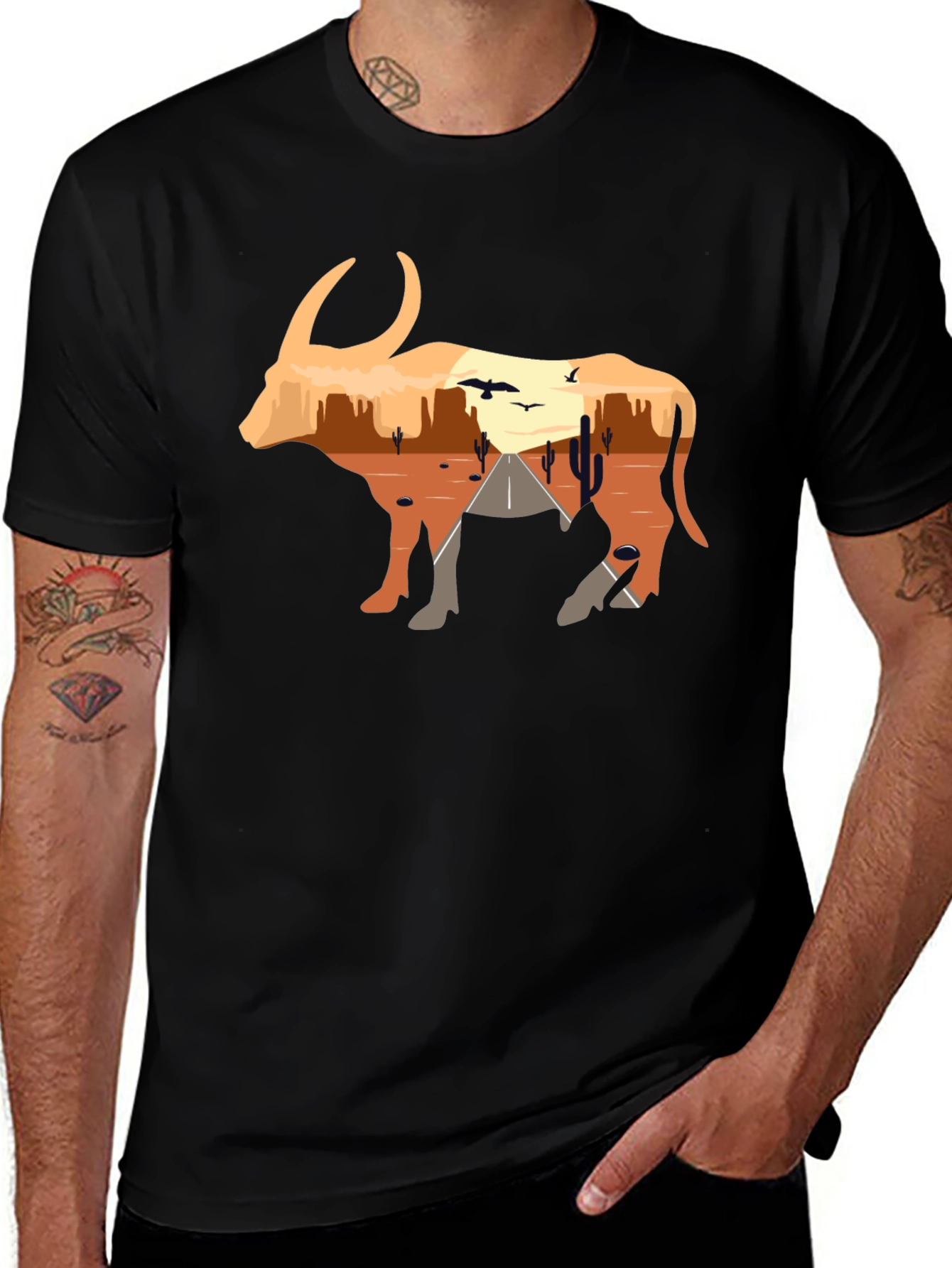 Desert Sunset Bull Graphic Tee - Black
