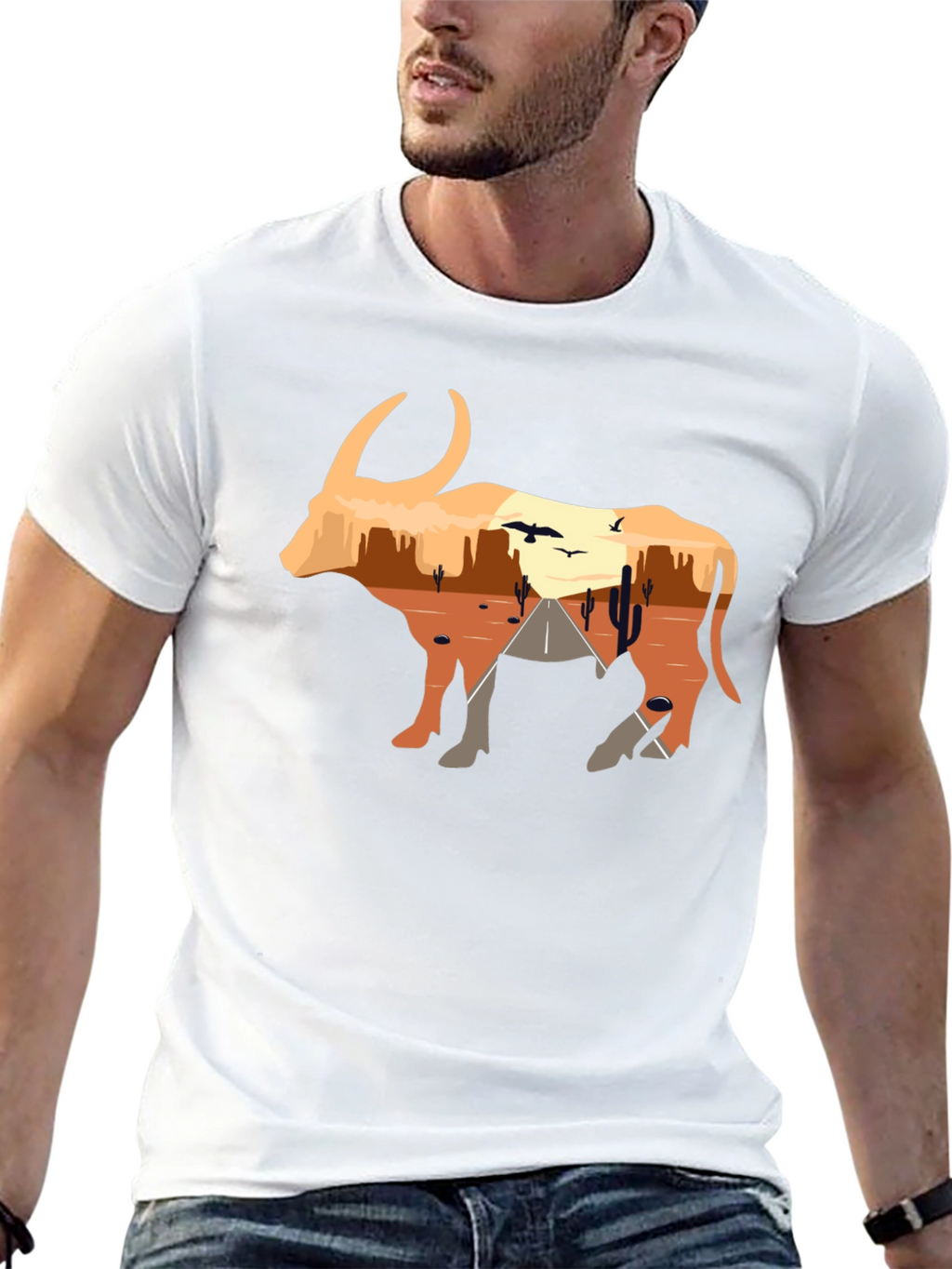 Desert Sunset Bull Graphic Tee - Black