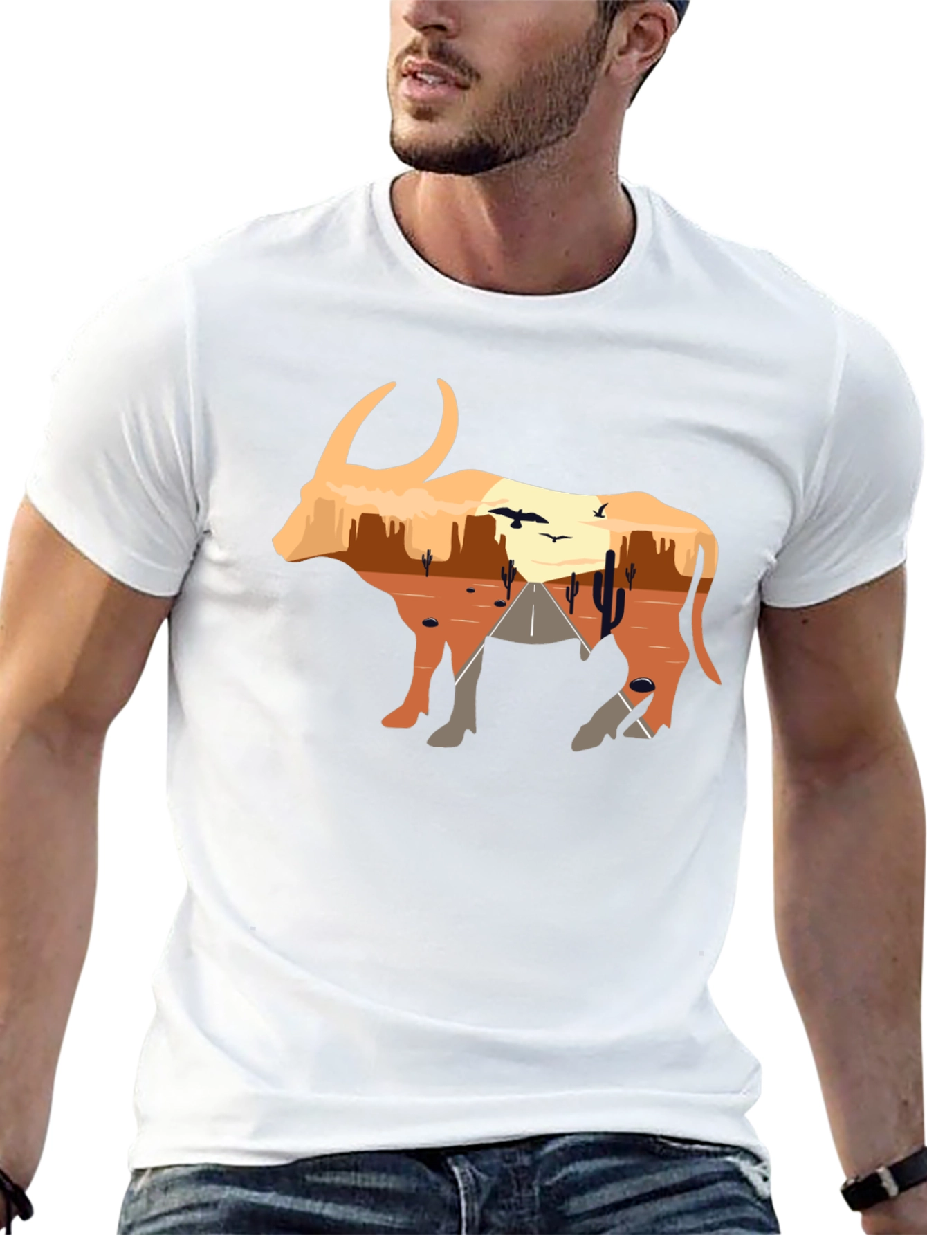 Desert Sunset Bull Graphic Tee - Black