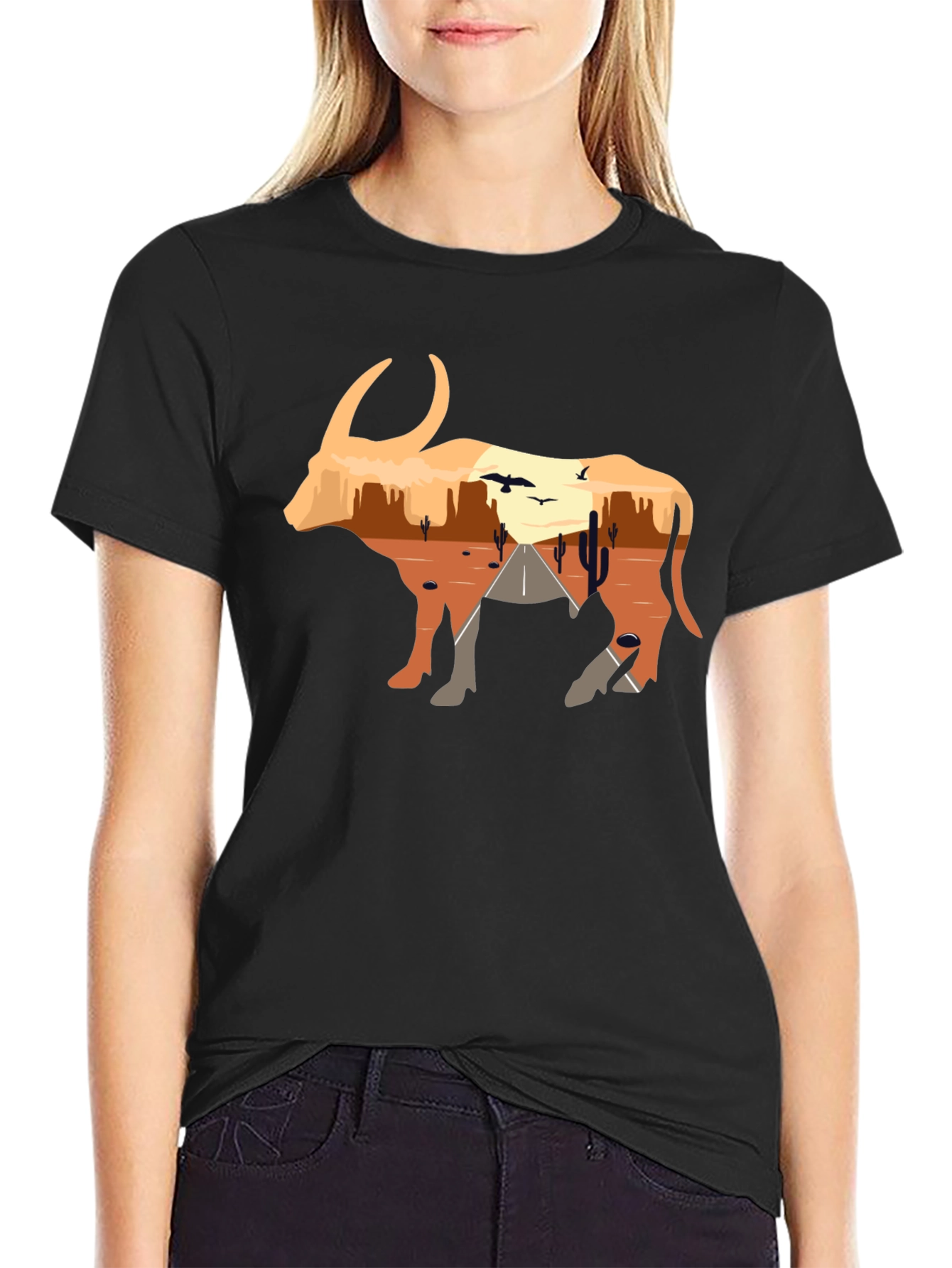 Desert Sunset Bull Graphic Tee - Black