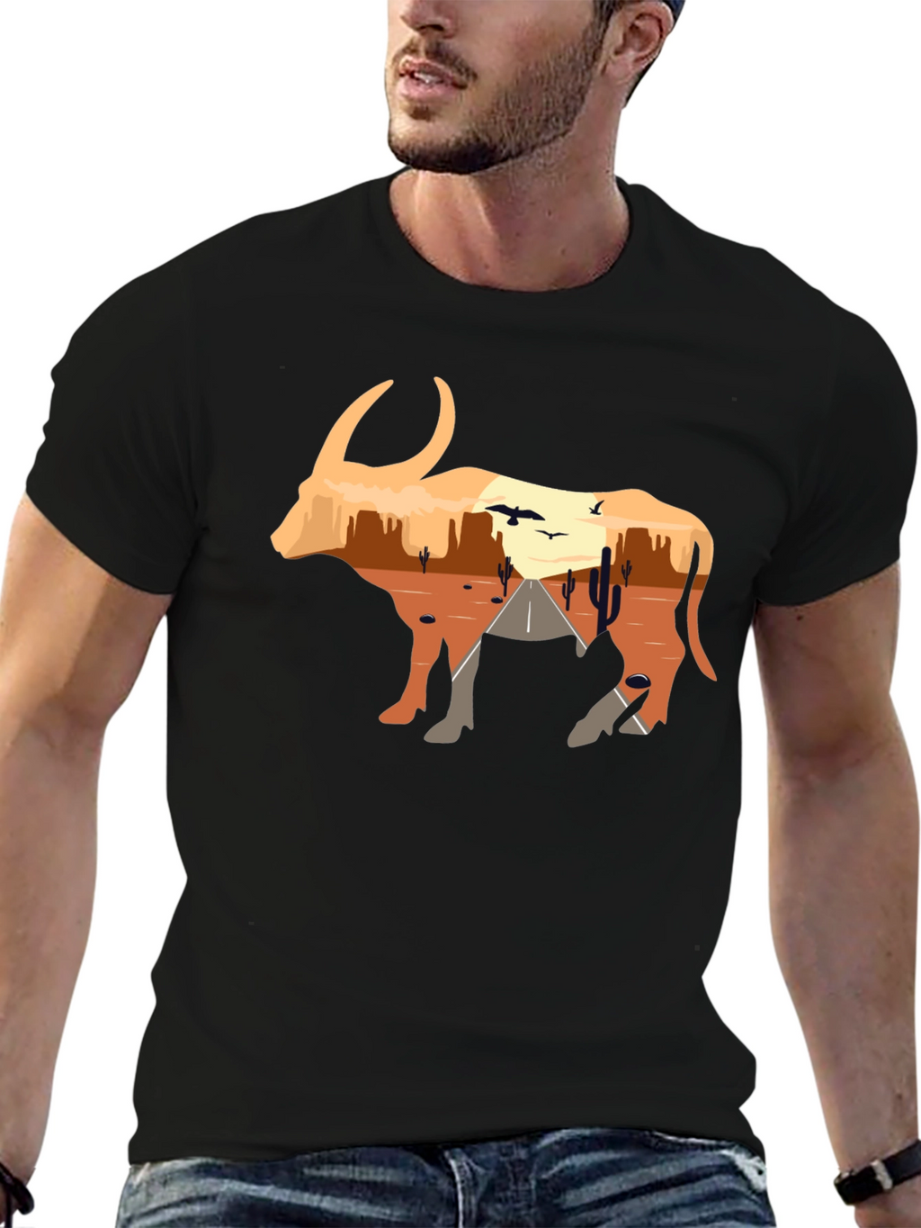 Desert Sunset Bull Graphic Tee - Black
