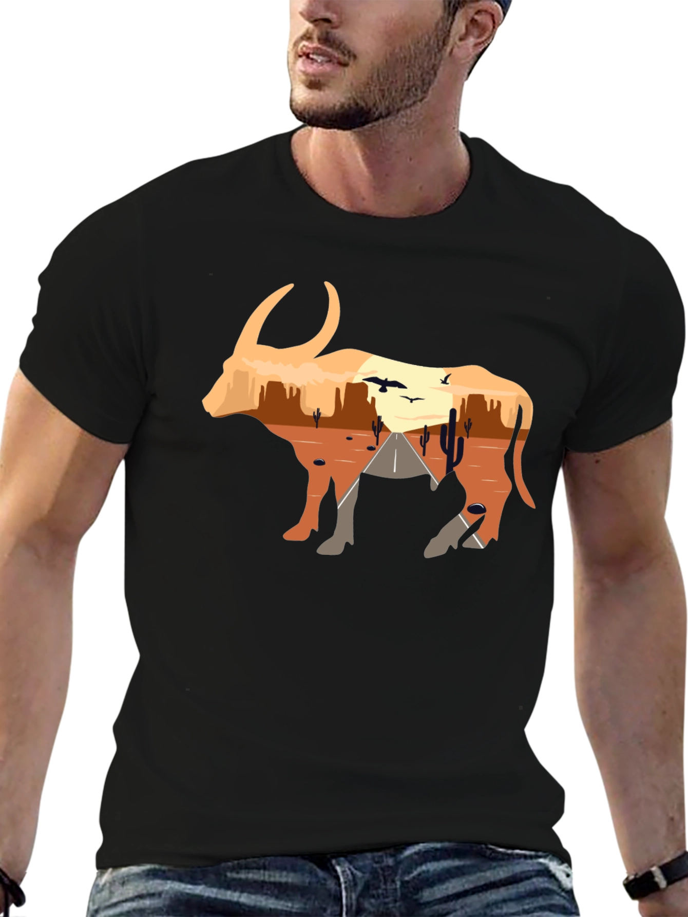 Desert Sunset Bull Graphic Tee - Black