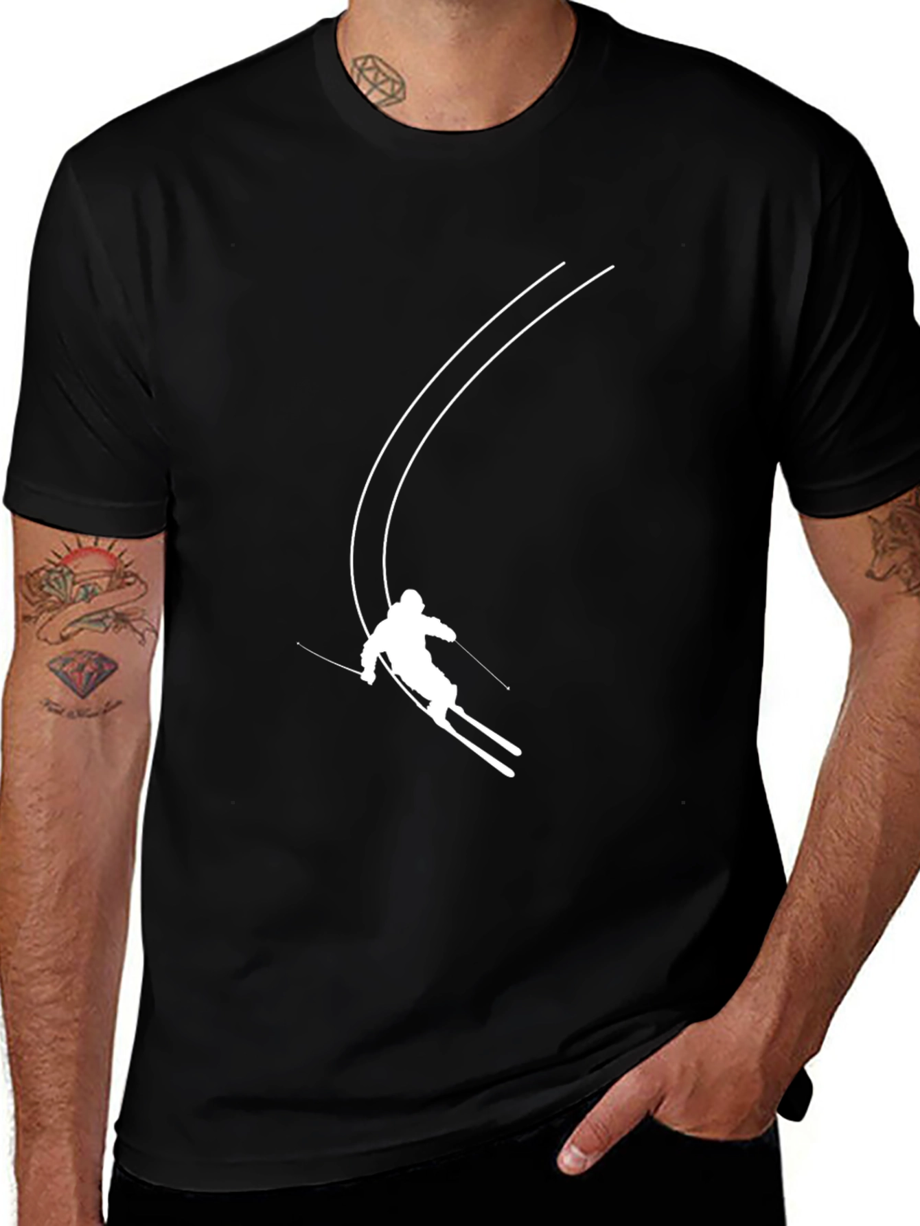 Skiing Graphic Tee - Black Cotton Blend Shirt