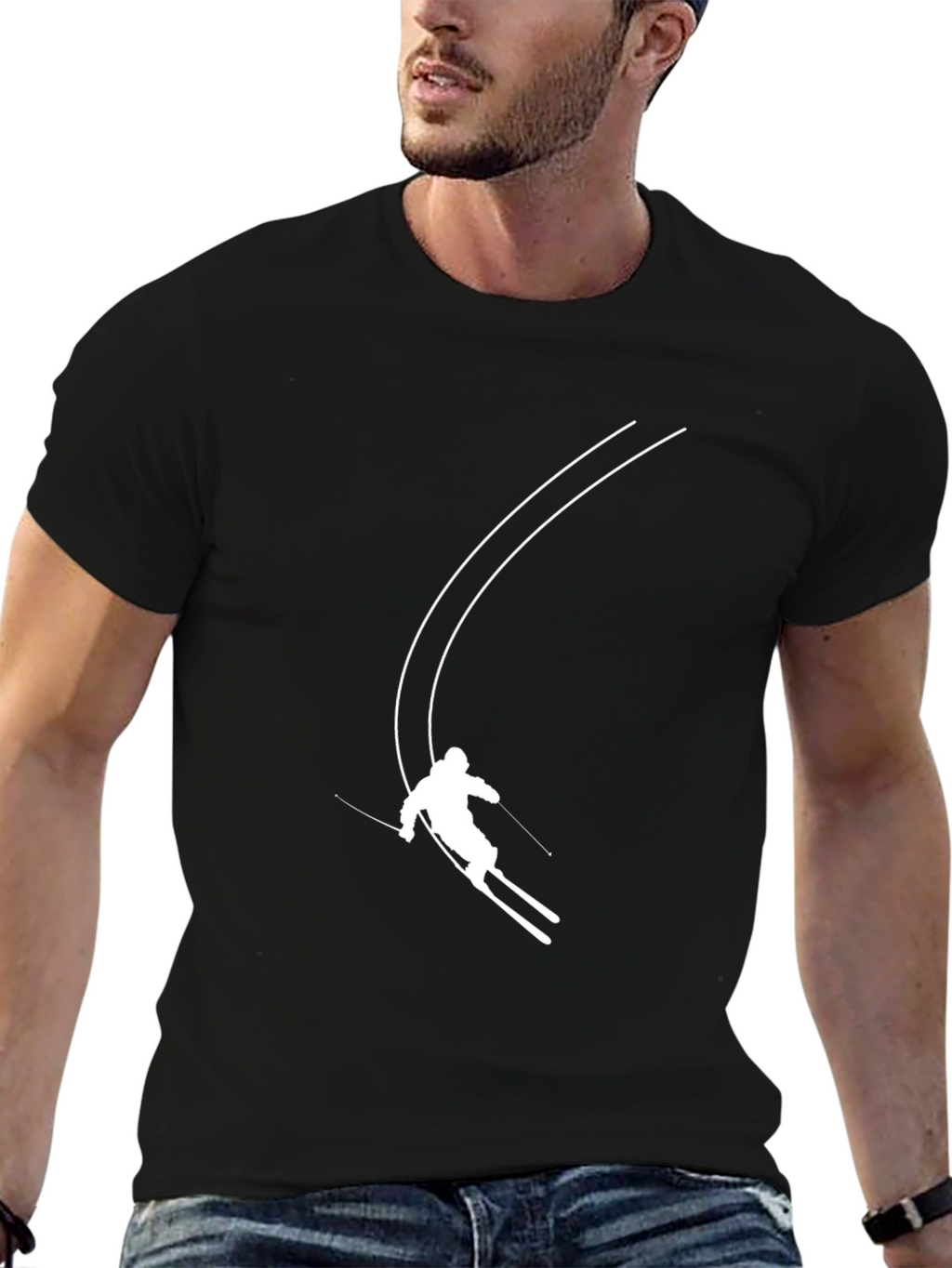 Skiing Graphic Tee - Black Cotton Blend Shirt