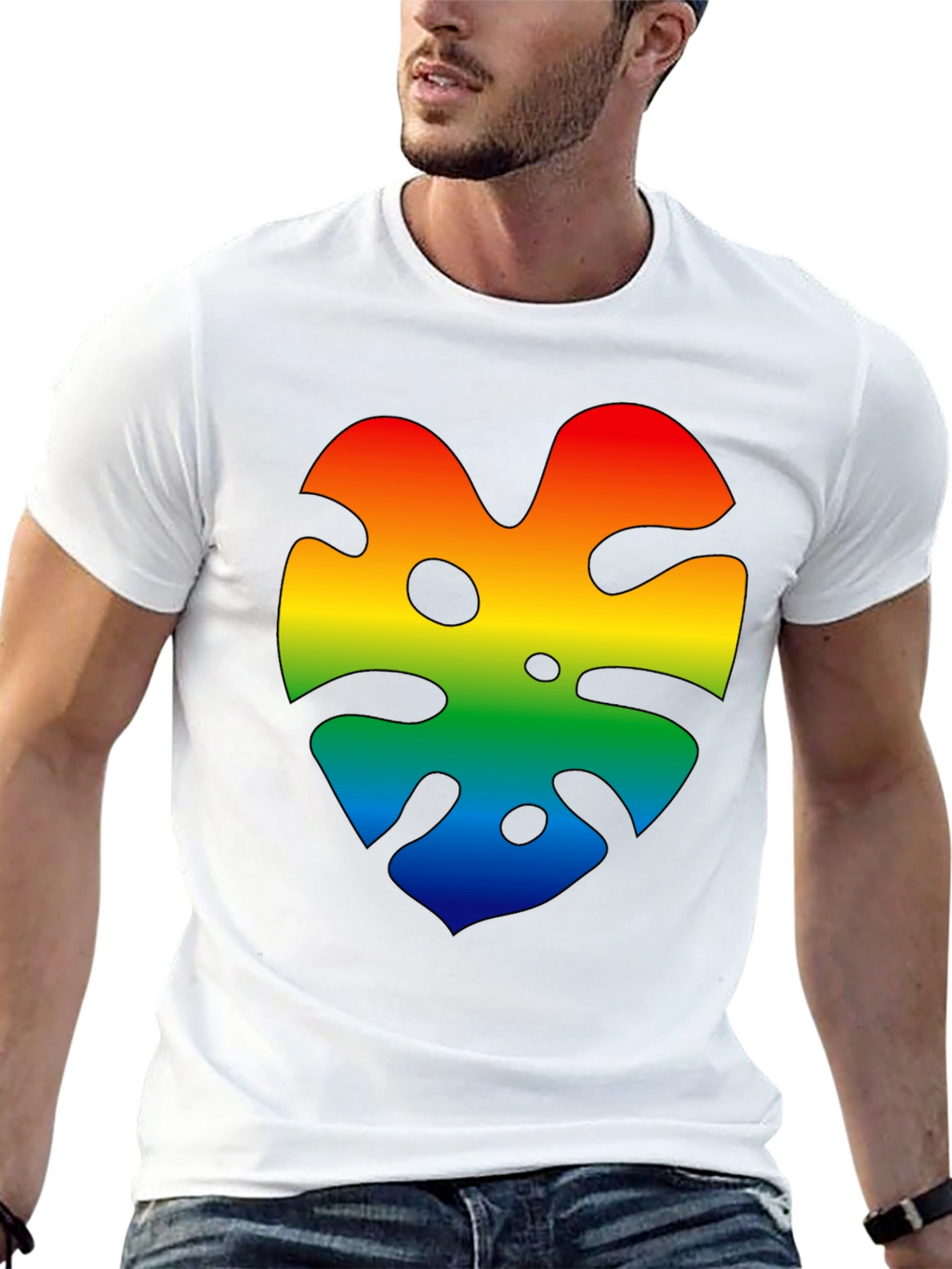 Rainbow Monstera Leaf Graphic Black T-Shirt