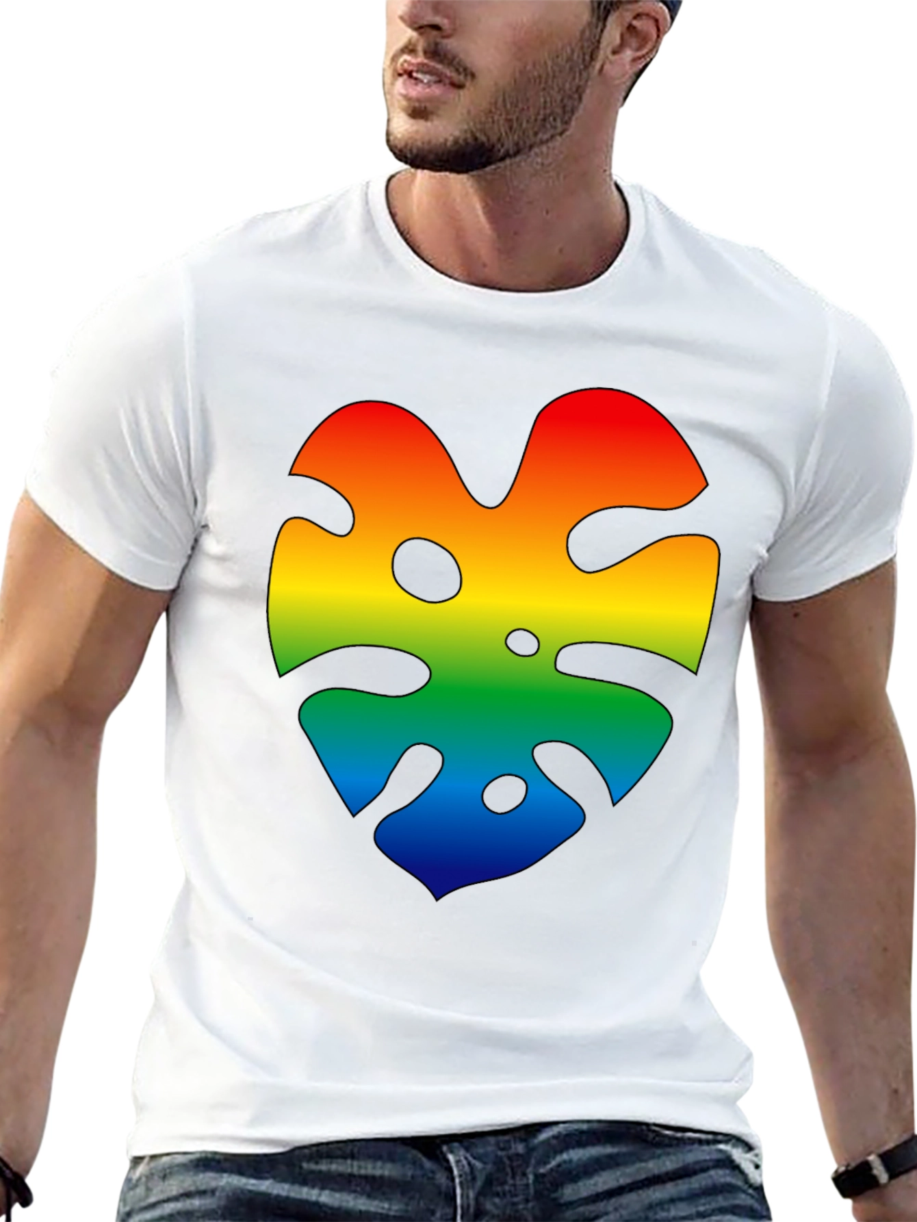 Rainbow Monstera Leaf Graphic Black T-Shirt
