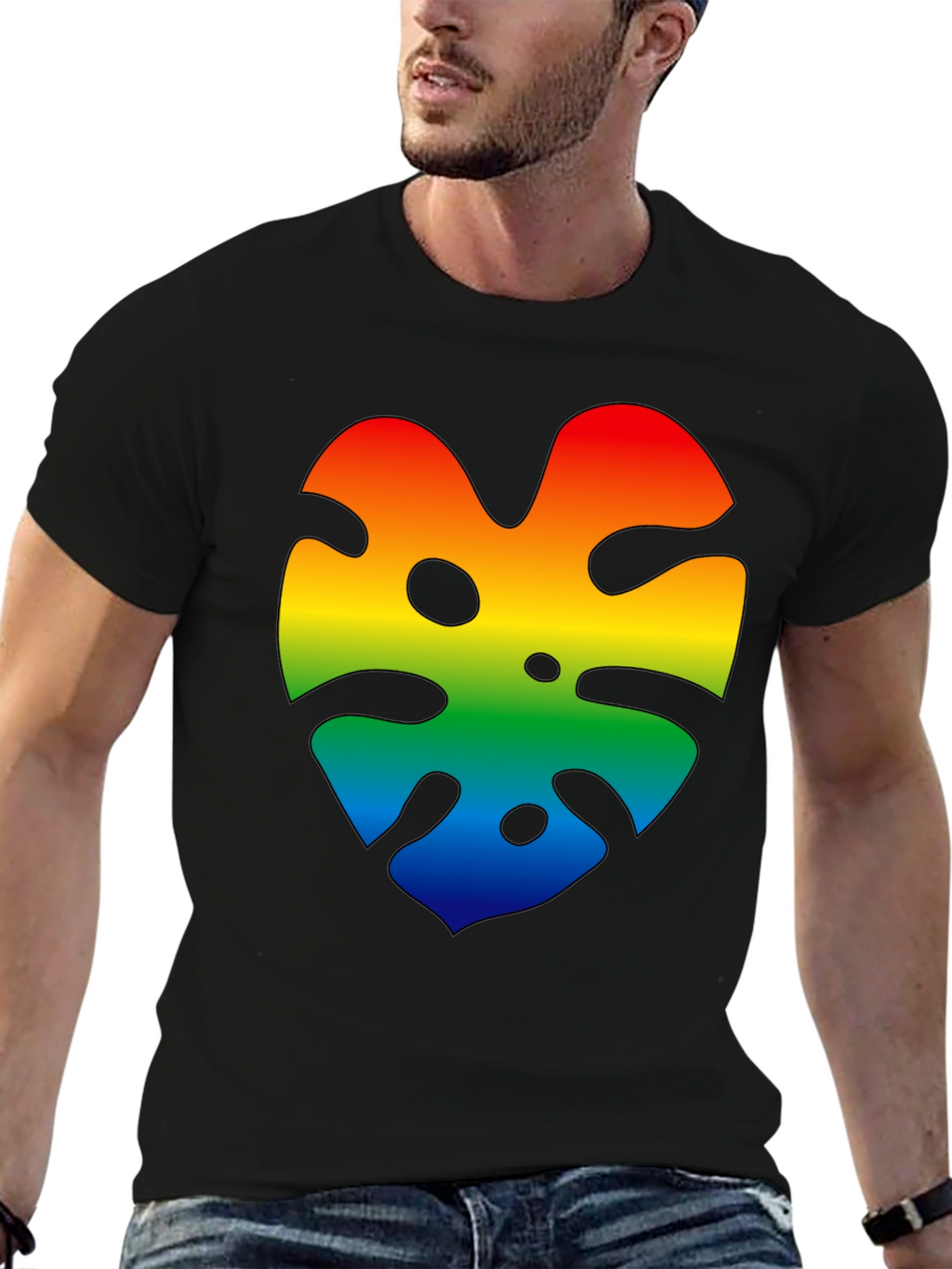Rainbow Monstera Leaf Graphic Black T-Shirt