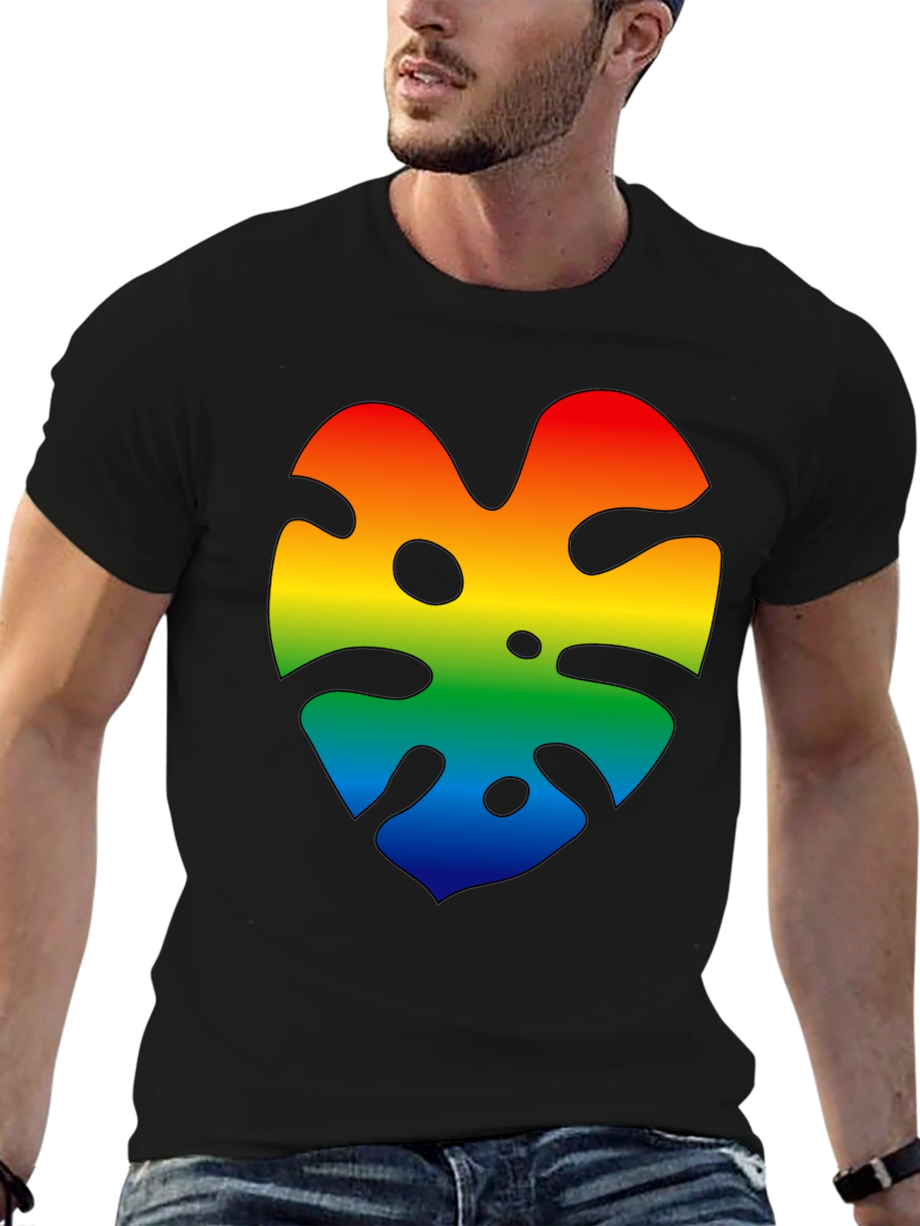 Rainbow Monstera Leaf Graphic Black T-Shirt