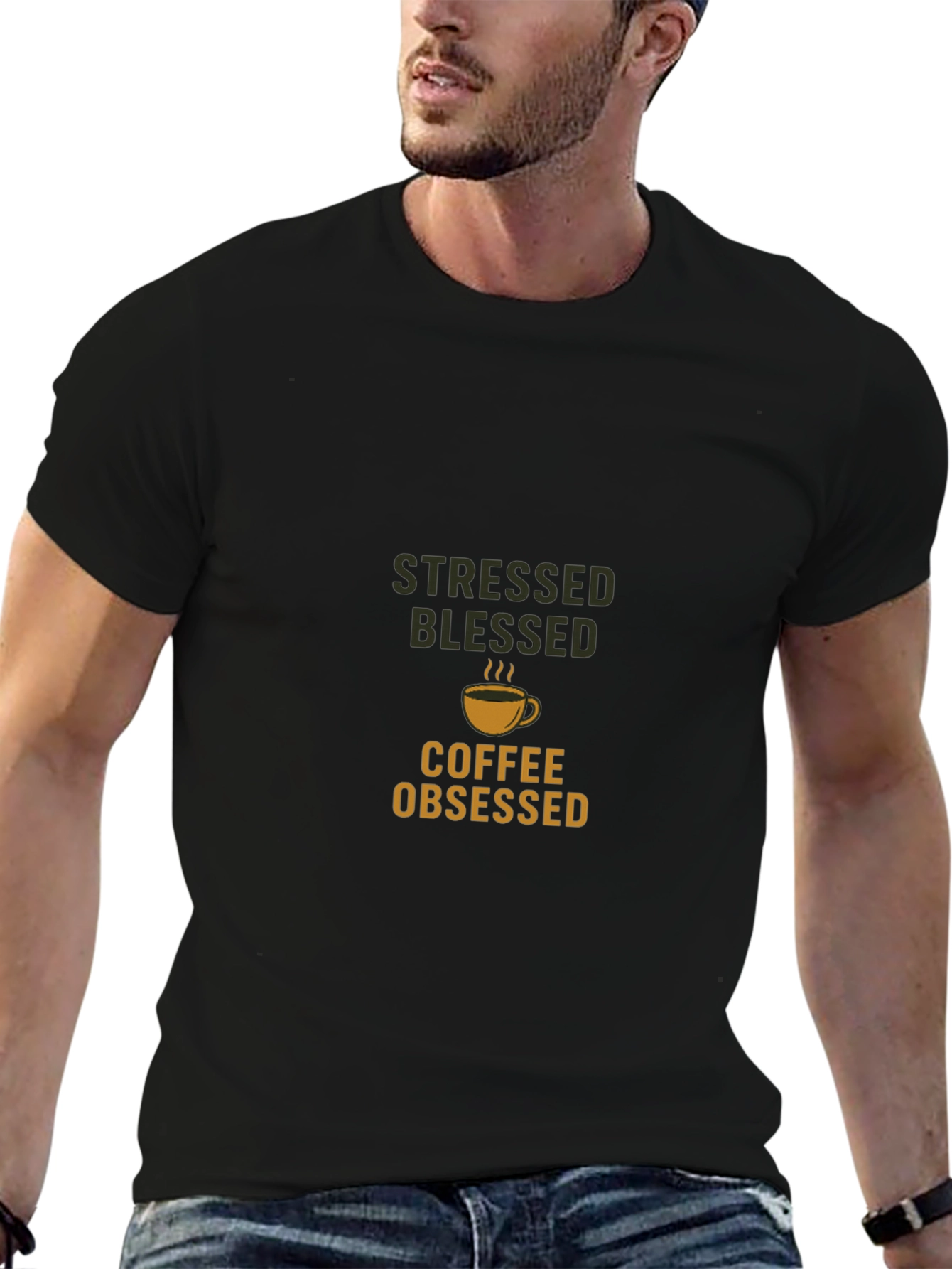 Stressed Blessed Coffee Obsessed Black T-Shirt