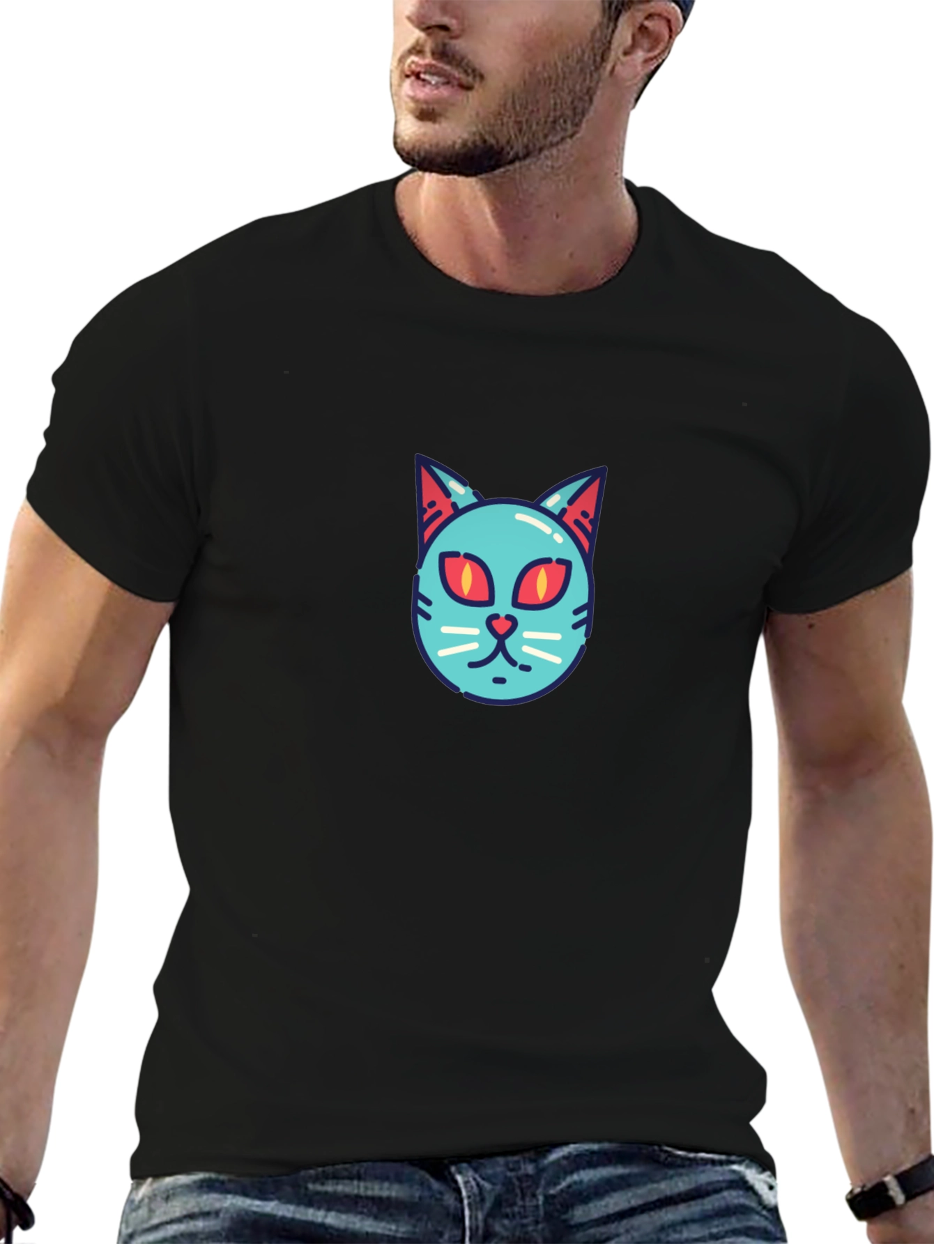 Cool Cat Face T-Shirt - Graphic Print Tee