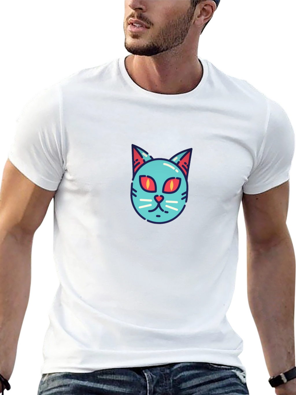 Cool Cat Face T-Shirt - Graphic Print Tee